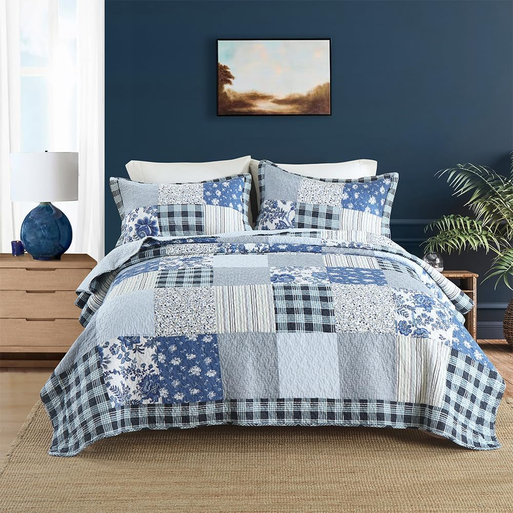 Cotton Bedspread Quilt Bedding Sets 3 Pieces Reversible Coverlet Sets Comforters Rustic Floral Patchwork Blue White Bedspread, Queen Size