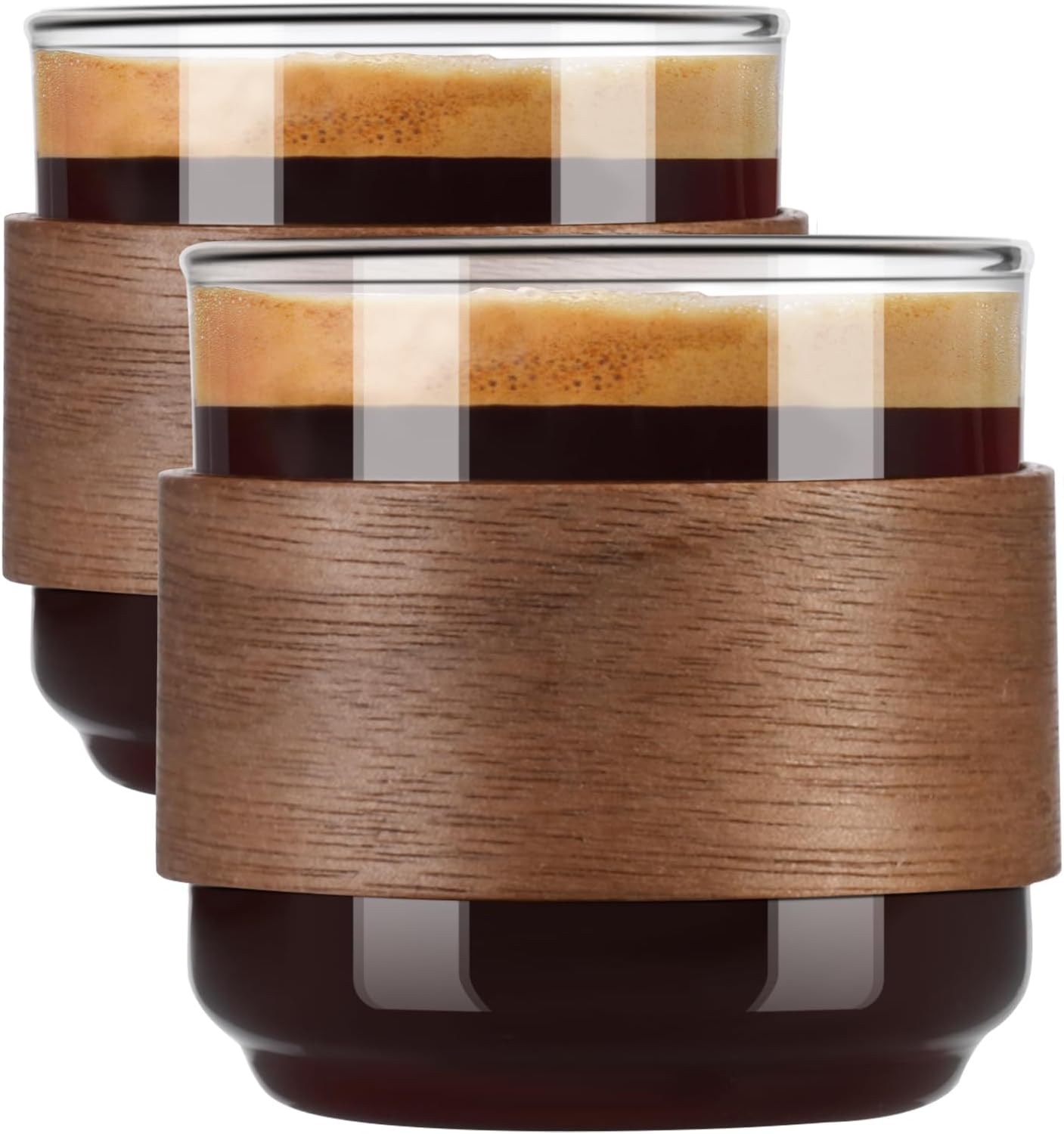 Espresso Cups Set of 2 with Wooden Ring, 5 OZ High Borosilicate Espresso Shot Glass, Clear Small Expresso Shots Cup, Espresso Accessories