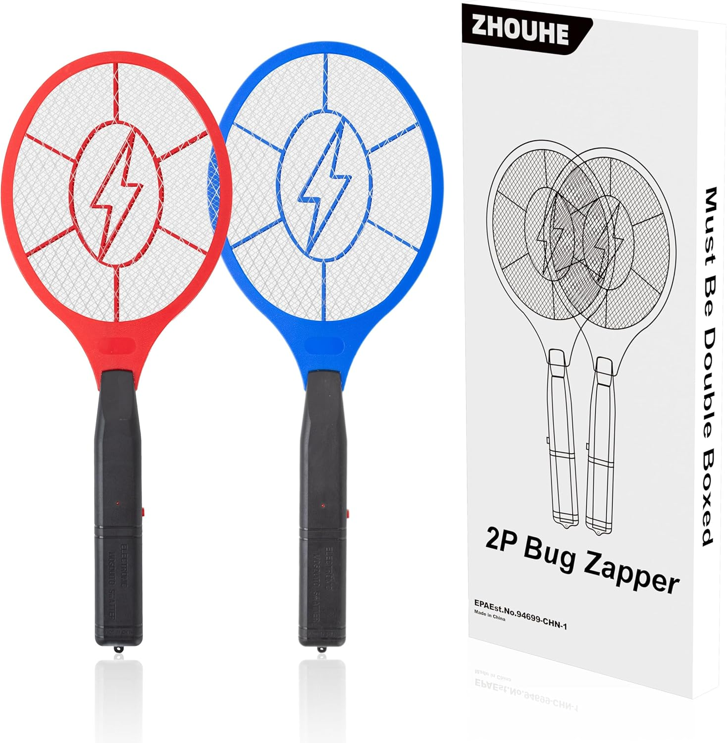 Zhouhe Pack of 2 Electric Fly Swatter Bug Zapper Battery Operated Flies Killer Indoor & Outdoor Pest Control Mosquito Zapper and Insect Catcher Racket(Red&Blue)