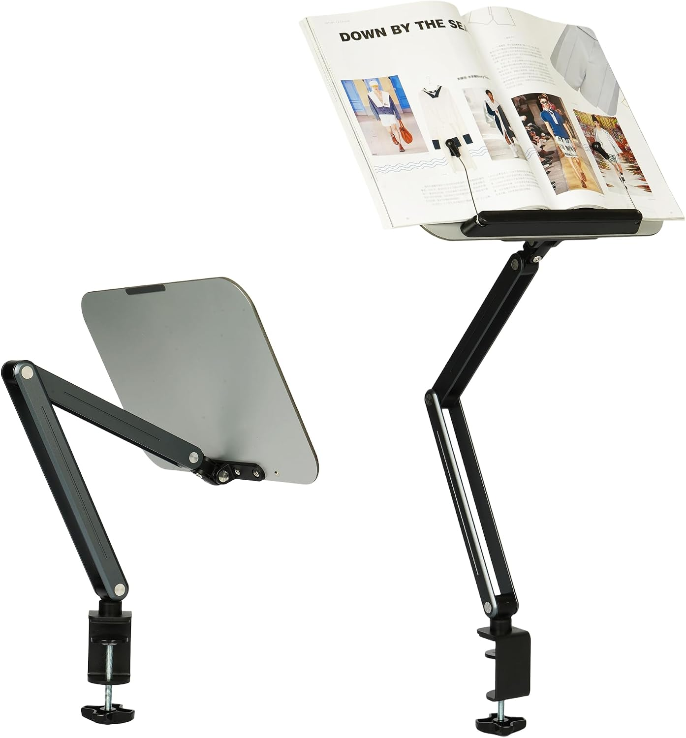 Desktop Book Stand with 360° Rotating and Foldable Support Arm Adjustable Book Holder with Aluminum-Plastic Panel Flexible Desktop Edge Book Stand with Clamp Suitable for Books, Laptop, Tablet