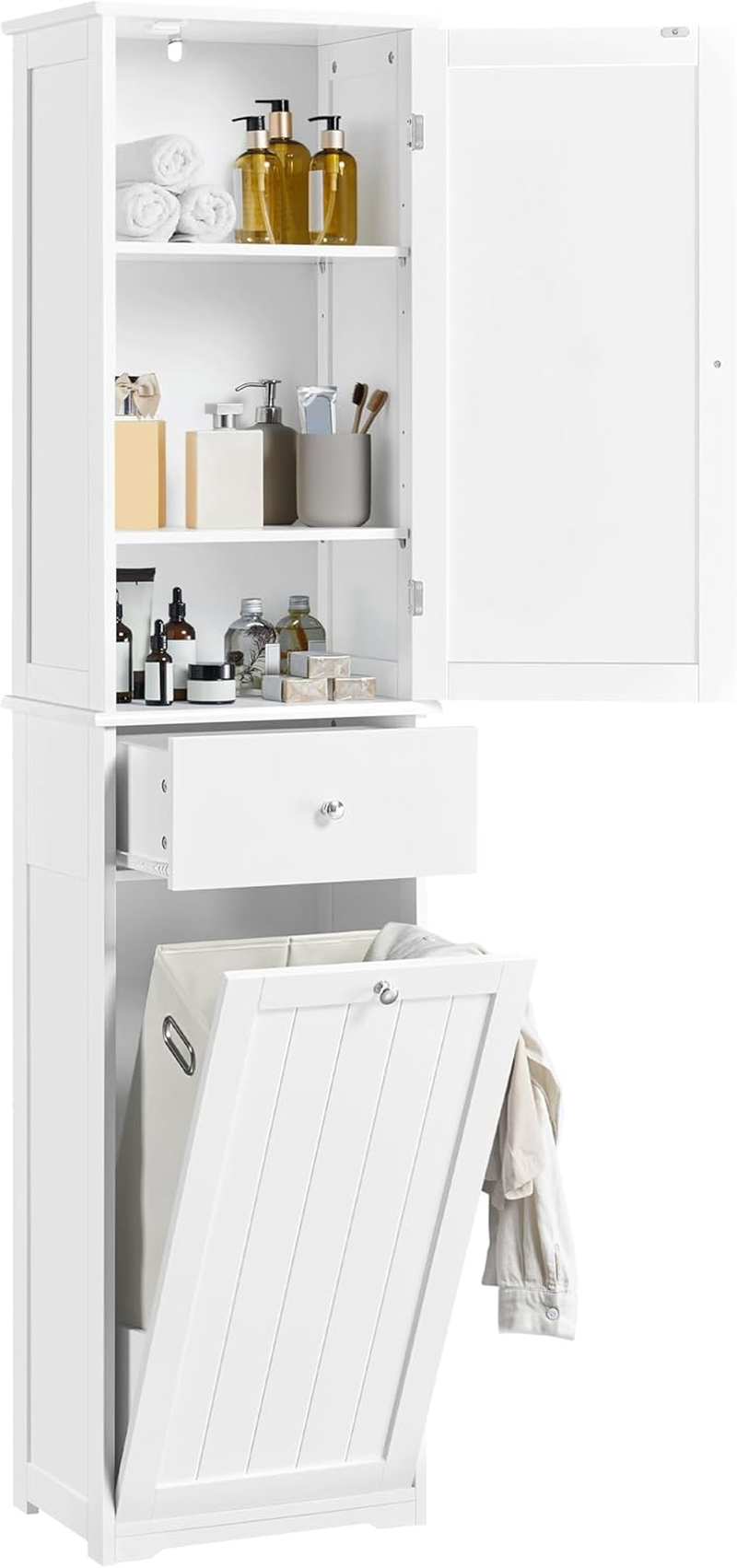 Armadietto da Bagno Indipendente con Cesto Mobiletto da Terra per la Biancheria Mobile da Bagno Alto con Armadietto e Ripiani Regolabili Bianco 45x30x180 cm