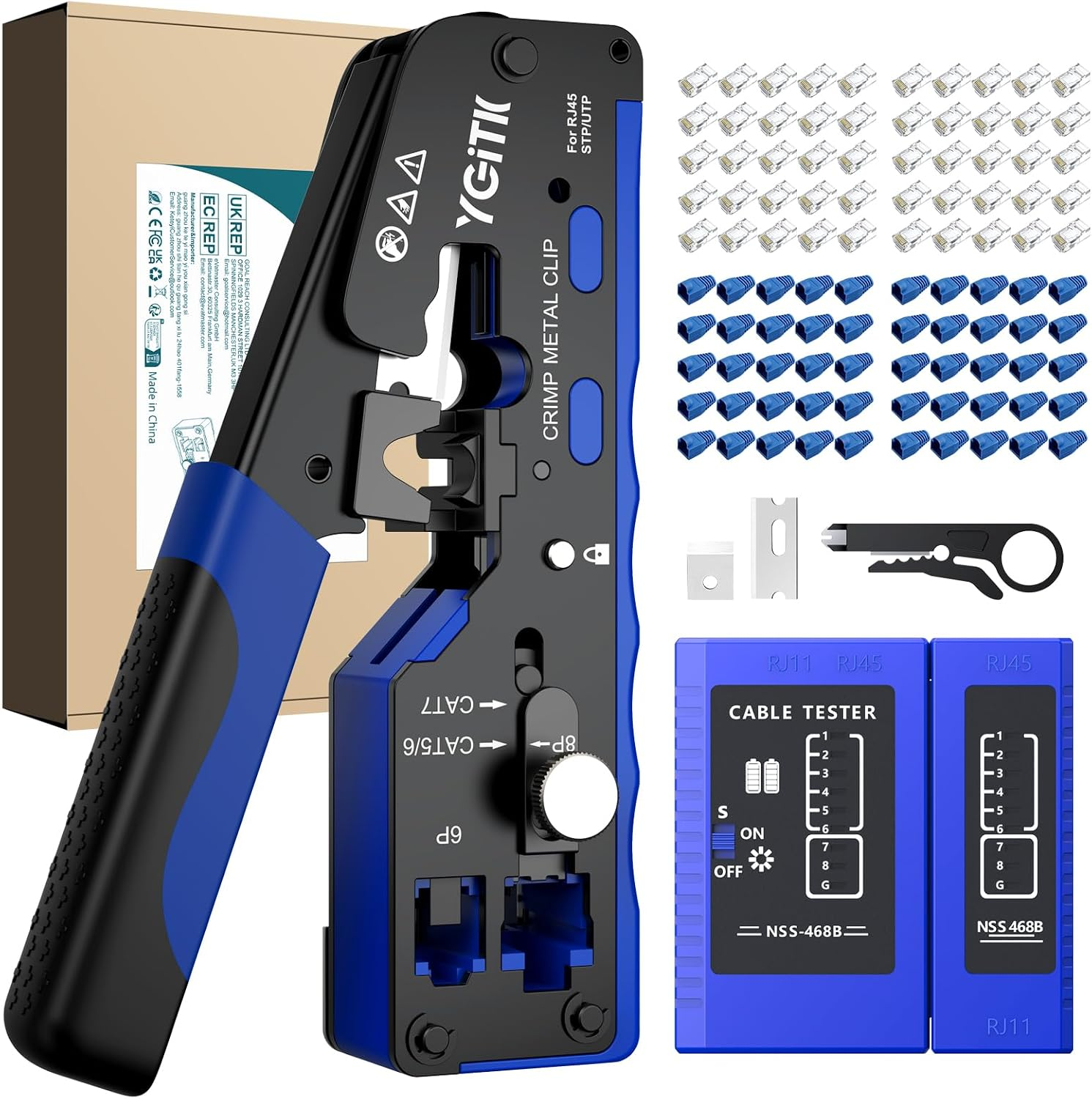 RJ45 Crimp Tool Kit Pass Through, Cat7 Cat6A Cat6 Cat5E Ethernet Crimping Tool Set with Cable Tester, 50PCS CAT6 Connectors & Boots, Stripper Cutter for Network Installation Repair