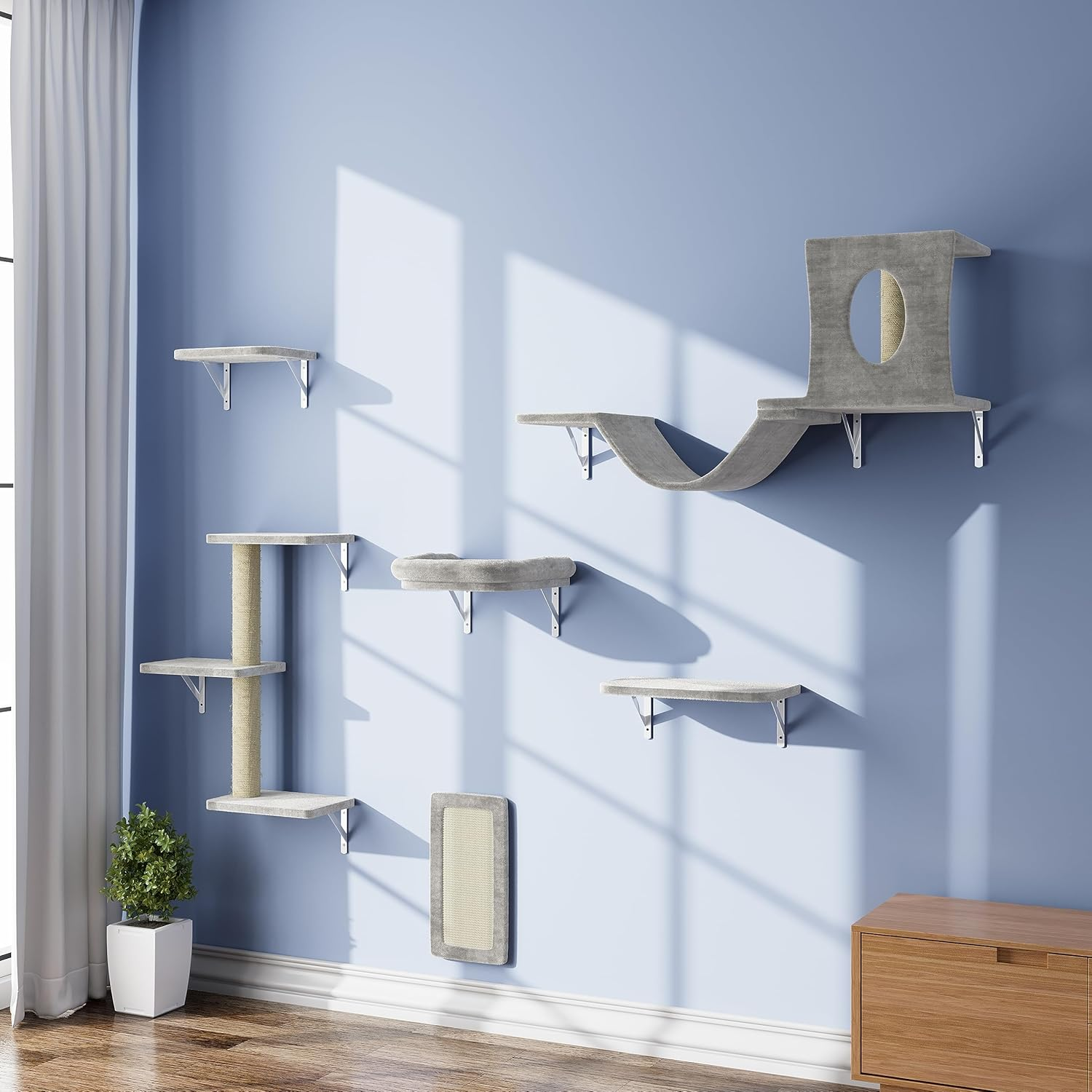 NUNU LAB Wall Mounted Cat Furniture Set - 6 Pcs Climber Set with House, Bridge, Steps, Scratcher Board - DIY Walls Playground, Indoor Cat Shelves - Gray