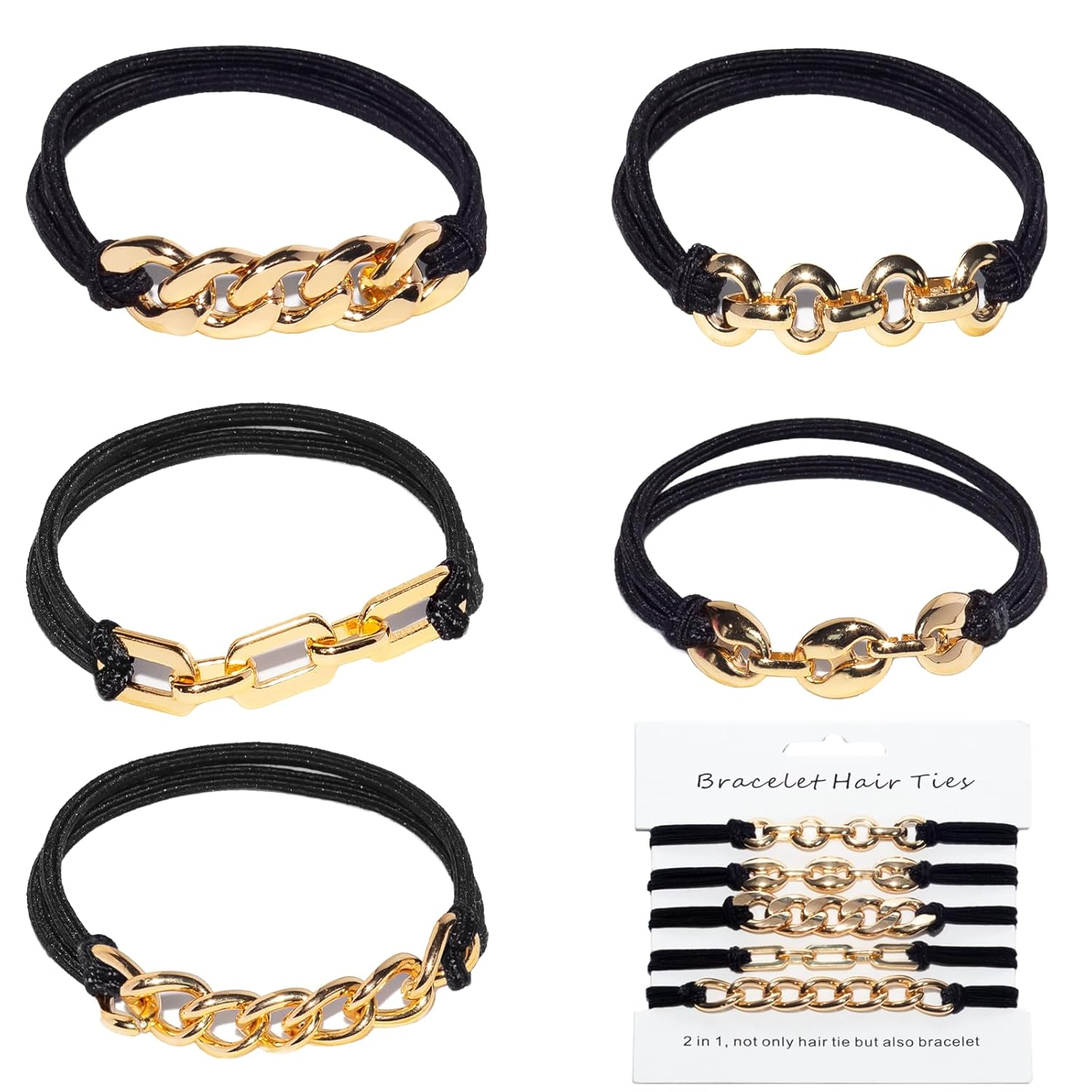 5PCS Gold Bracelet Hair Ties | Fancy Elastic Scrunchies with Metal Beads, No-Damage Ponytail Holders, Cute Decorative Hair Accessories for Women and Girls (Black, Gold)