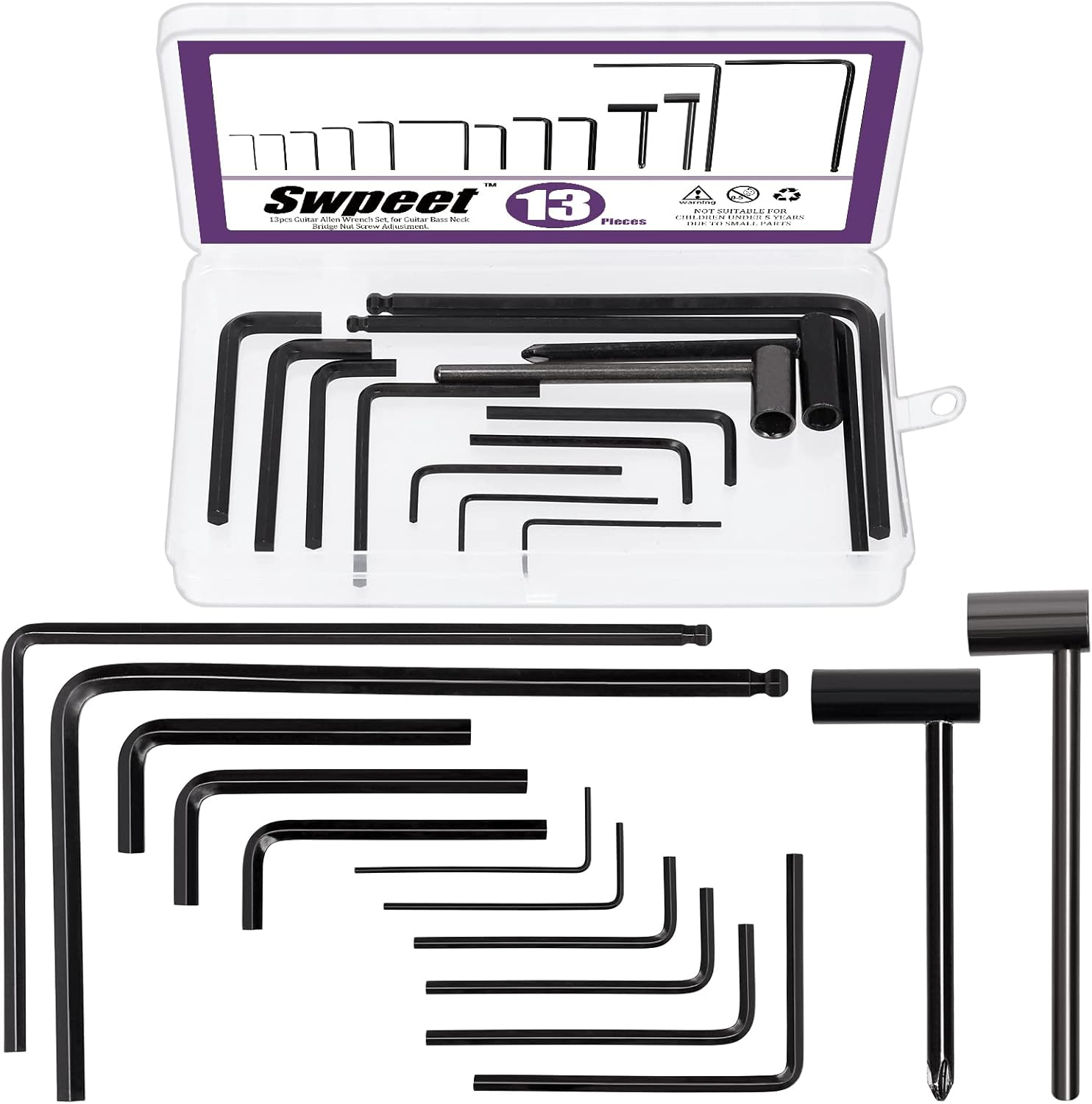 13Pcs Guitar Allen Wrench Set, Including 9Pcs Allen Wrench, 7mm & 8mm Truss Rod Hex Box Wrenches and 4mm & 5mm Ball End Truss Rod Wrenches, Fit for Guitar Bass Neck Bridge Nut Screw Adjustment