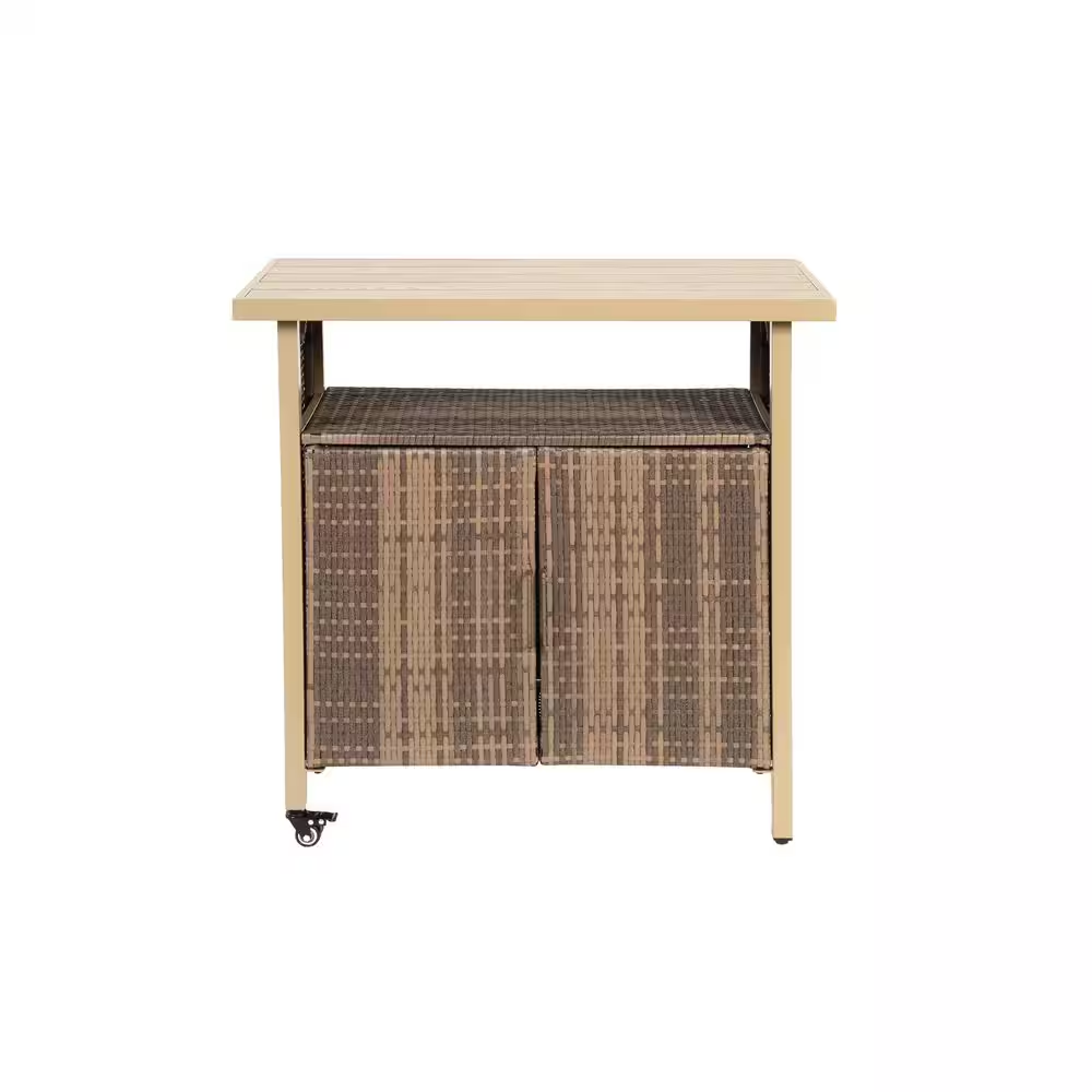 Light Brown Wicker Outdoor Bar, Patio Serving Cart with Wheels