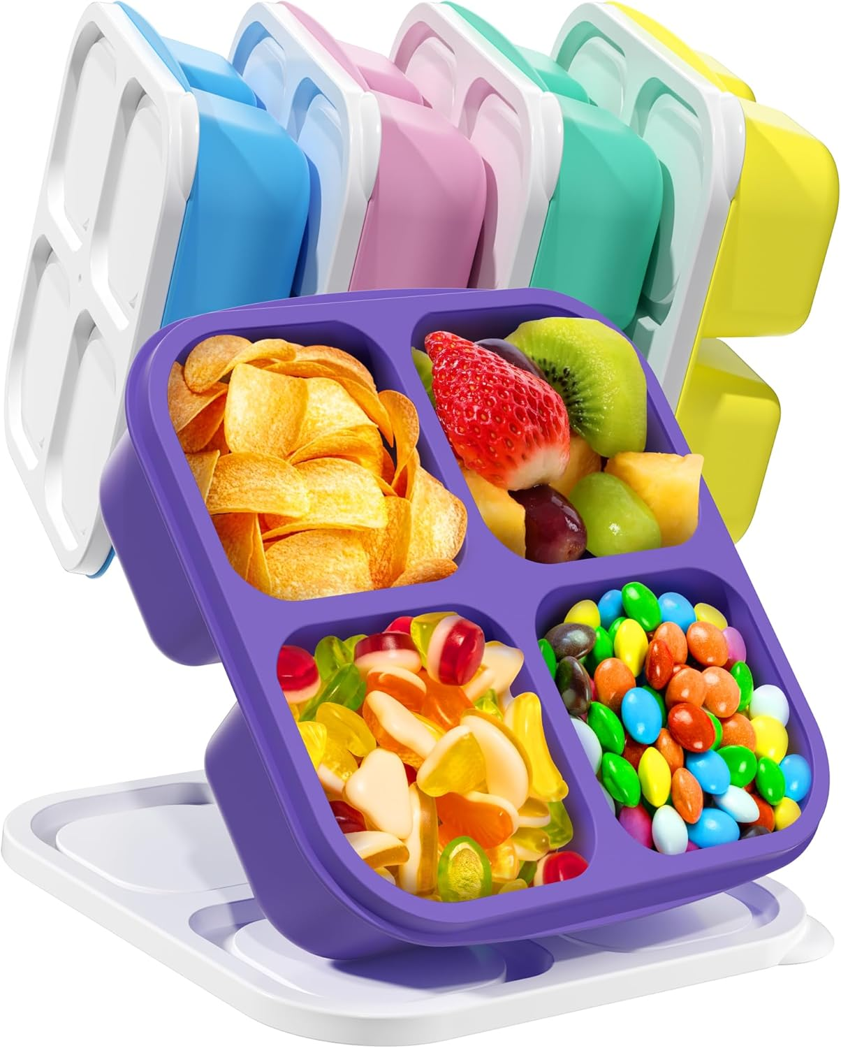 5 Pcs Bento Snack Containers, Reusable 4 Compartment Divided Food Storage Containers, Divided Lunchable Container for School, Work and Travel (5 Color)