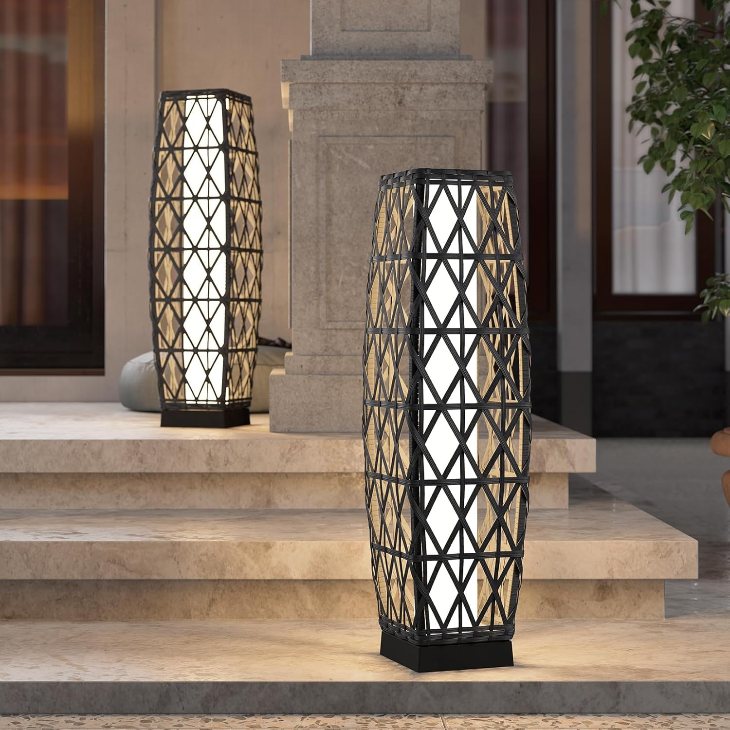 Grand Patio 2-Piece Solar Outdoor Floor Lamp Solar Powered Wicker Lantern Outdoor Weather-Resistant Deck Light for Garden Porch Yard-Silver Gray, Large Cindy