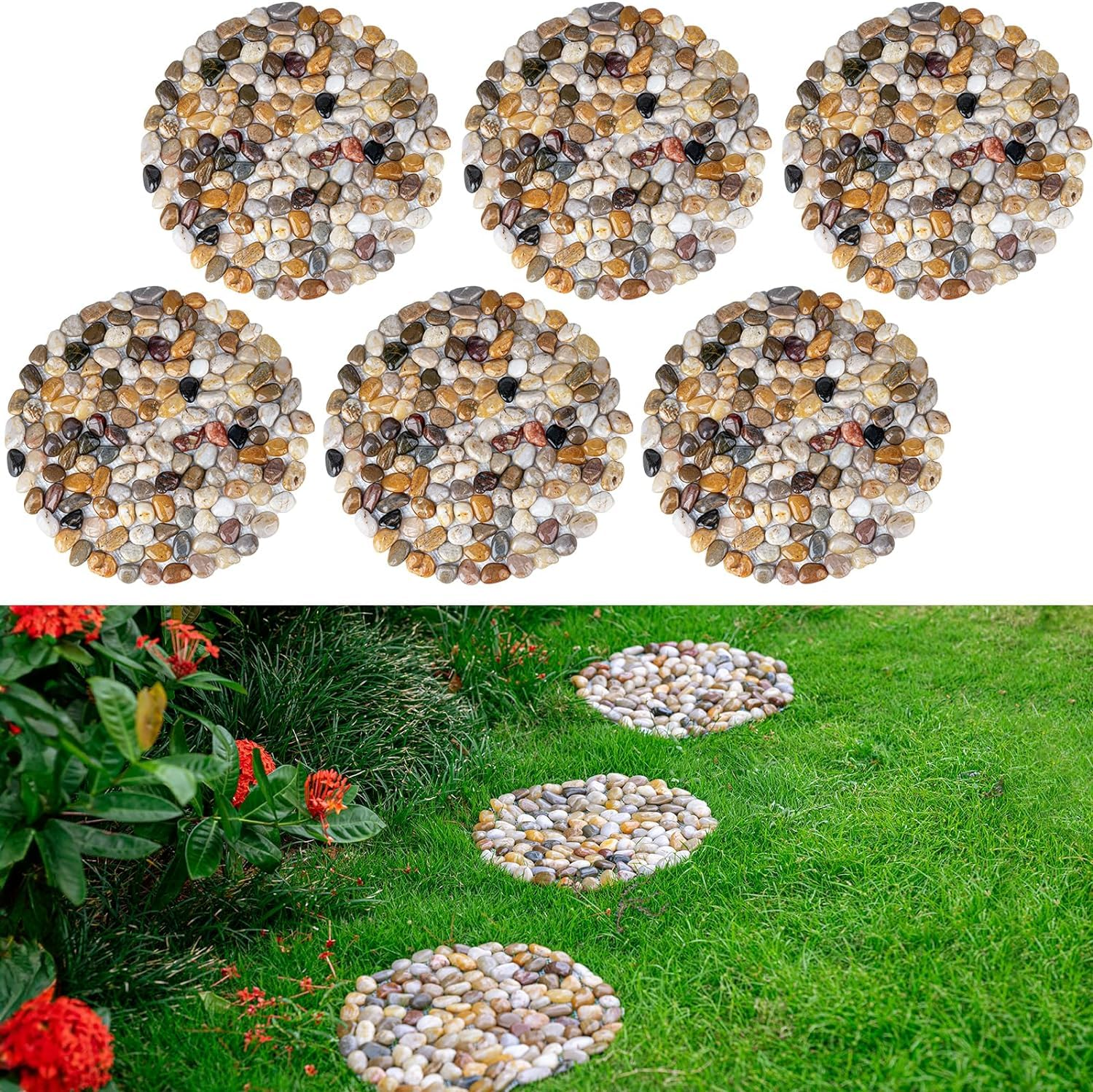 Stepping Stones Outdoor, Natural River Rock Garden Pavers, Set of 6 round Pebble Stones for Walkway, Yard, Lawn, Patio, Pathway & Landscaping Decor (Roundness)