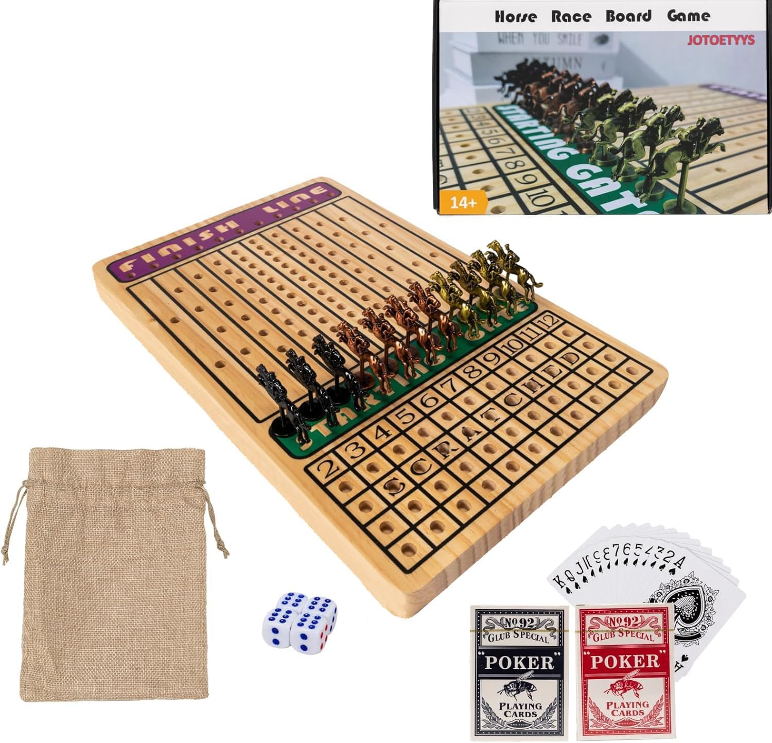 Horse Race Board Game with 11 Luxury Metal Horses, 4 Dice, 2 Card Boxes and Thickened Wood Game Board for 2-11 Players Family Party for Adults Teens & Kids Horse Racing Game