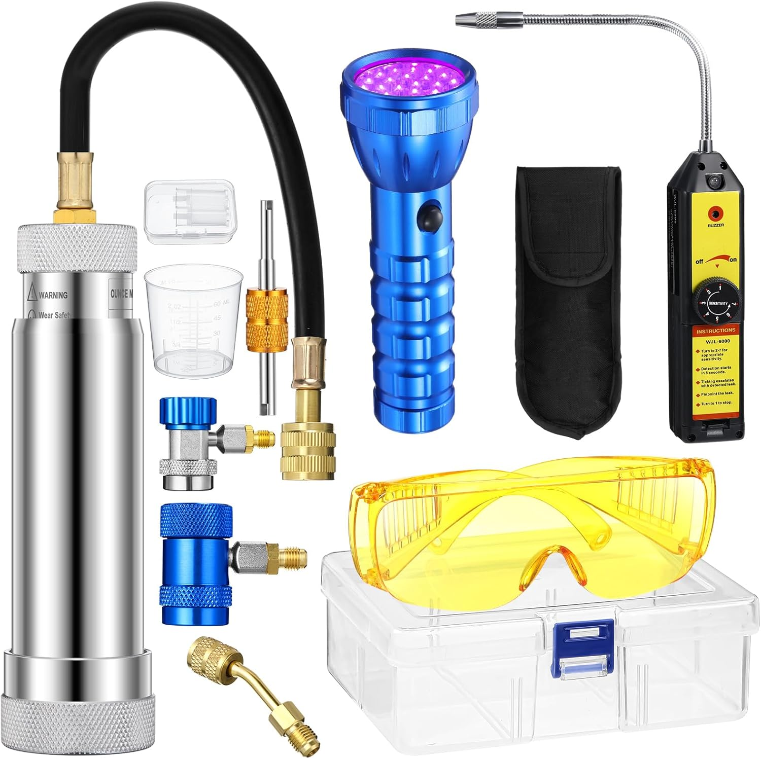 AC Leak Detector Kit, R1234Yf R134A R410A AC Oil UV Dye Injector Kit Refrigerant Leak Detector Tool Low Side Quick Coupler Mini Split Adapter Glasses Flashlight (Valuable)