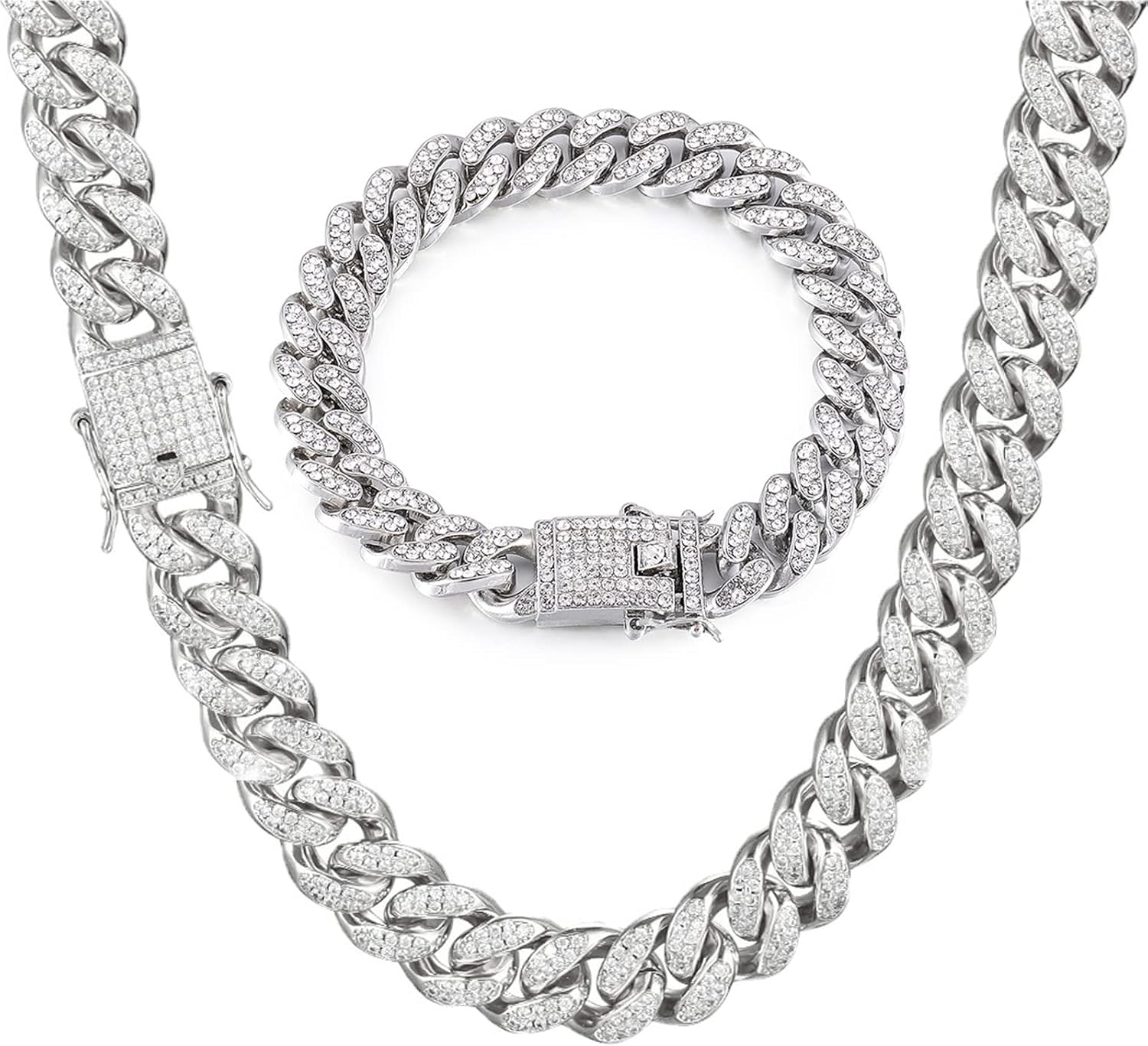 Men’s Cuban Link Chain & Bracelet Set, Silver Iced Out Diamond Hip Hop Jewelry