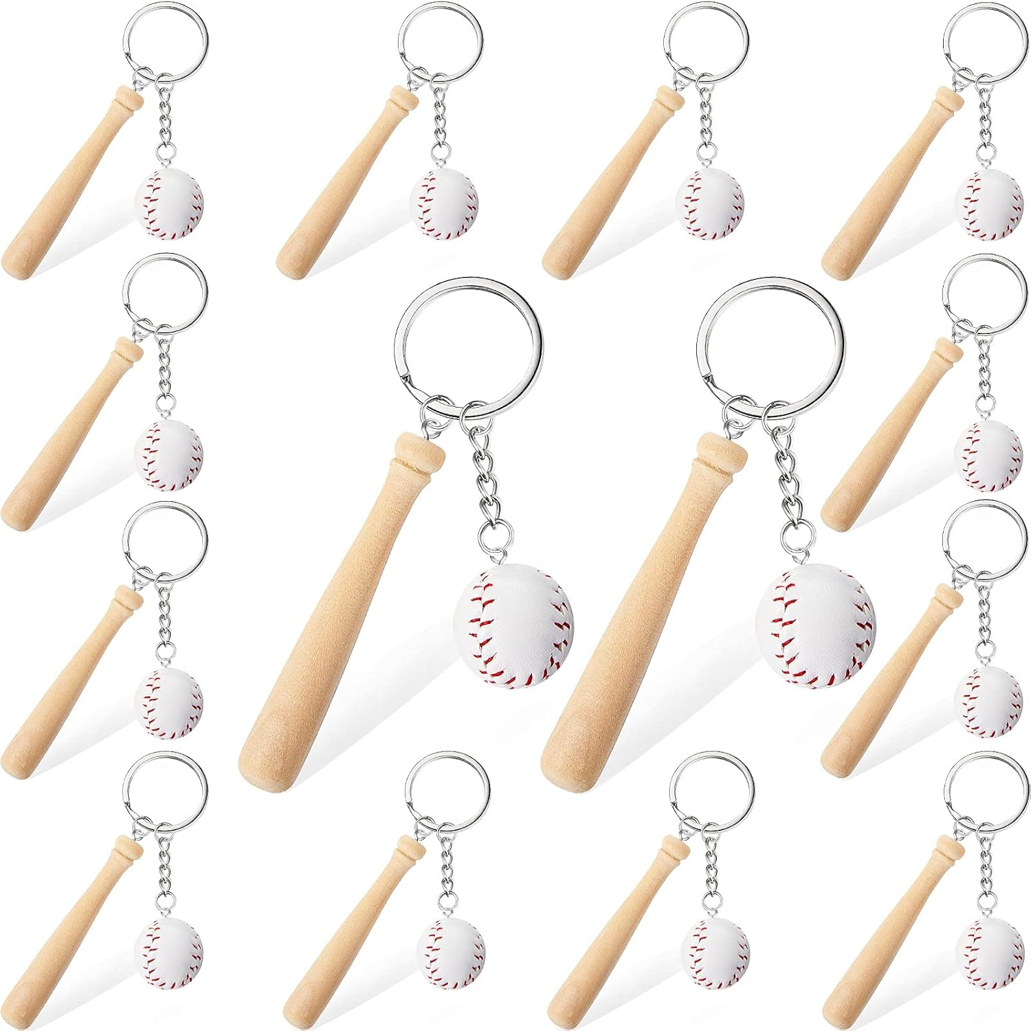16 Pieces Mini Baseball Keychain with Wooden Bat for Sports Theme Party Team Souvenir Athletes Rewards Party Favors