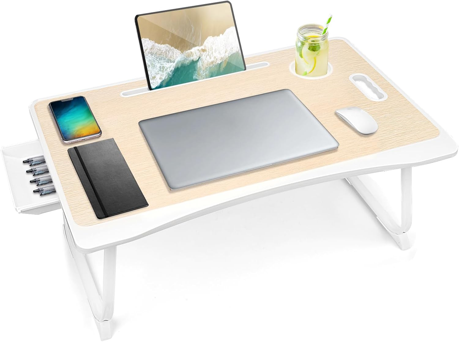 Laptop Bed Desk Tray Bed Table, Foldable Portable Lap Desk Notebook Stand Reading Holder with Storage Drawer and Cup Holder for Eating Breakfast on Bed/Couch/Sofa-White Oak