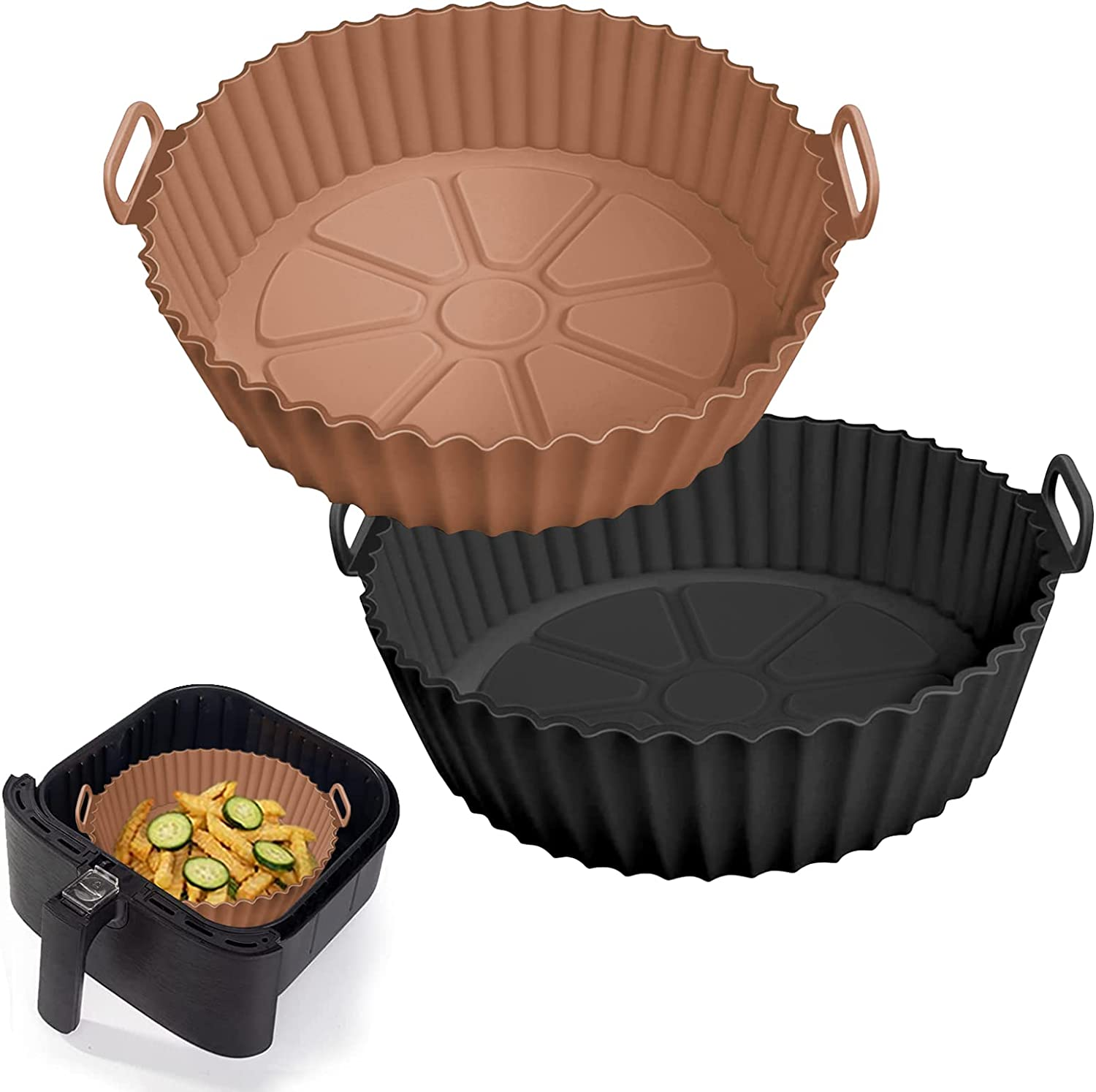 2 Pack Air Fryer Silicone Liners Pot for 3 to 5 QT, Air Fryer Silicone Basket Bowl, Replacement of Flammable Parchment Paper, Reusable Baking Tray Oven Accessories, Brown+Blk, (Top 8In, Bottom 6.75In)