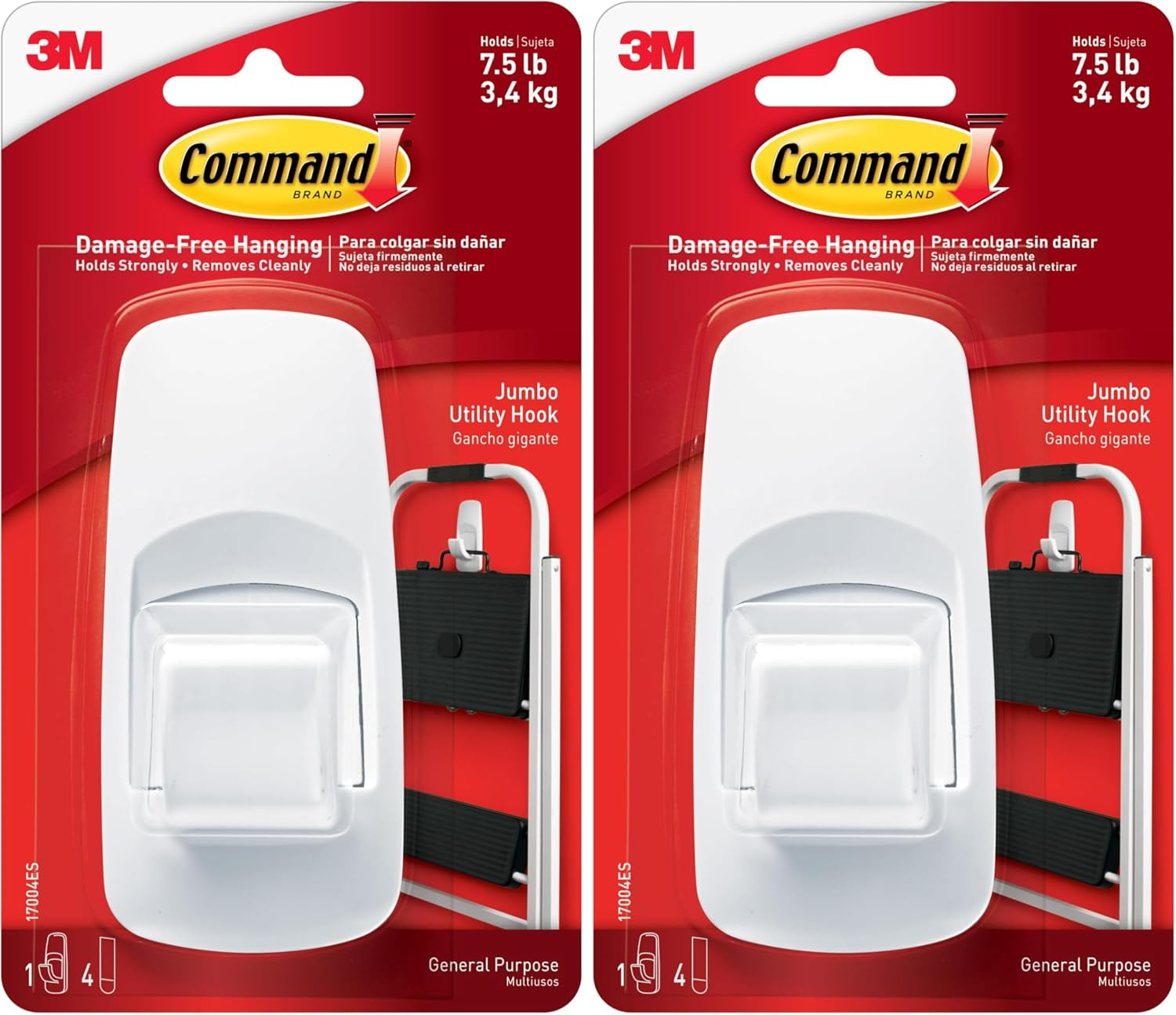 Command Jumbo Utility Hook, Pack of 2 Hook and 4 Adhesive Strips, White - Damage Free Hanging - Holds up to 3.4Kg