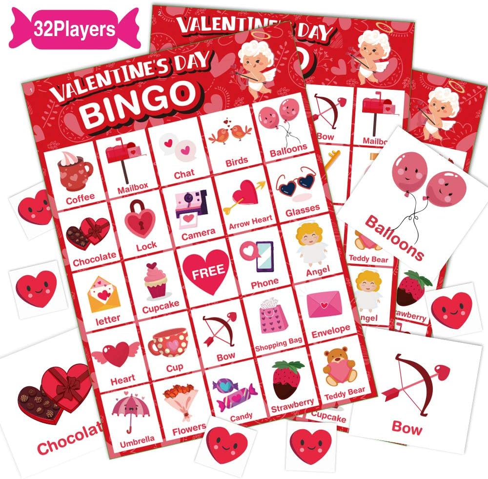 Valentines Day Bingo Game Card for Kids/Adults, 32 Players - Valentine Game for Family/School Classroom/Large Group, Valentine Party Favor for Boy/Girl