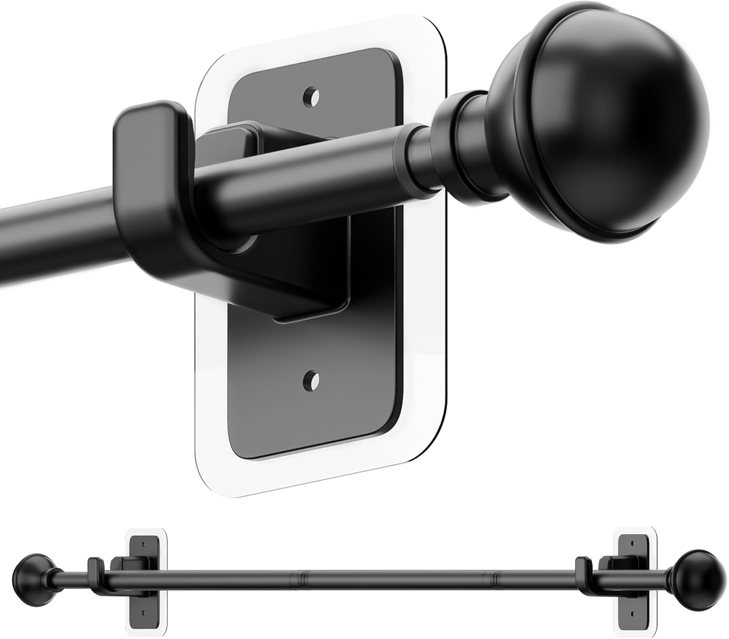 No Drill Curtain Rods for Window 28 to 47 Inches, 5/8 Inch Diameter Renter Friendly Drapery Rod with Adhesive Brackets without Drilling, Adjustable from 27 to 52 Inches, Black