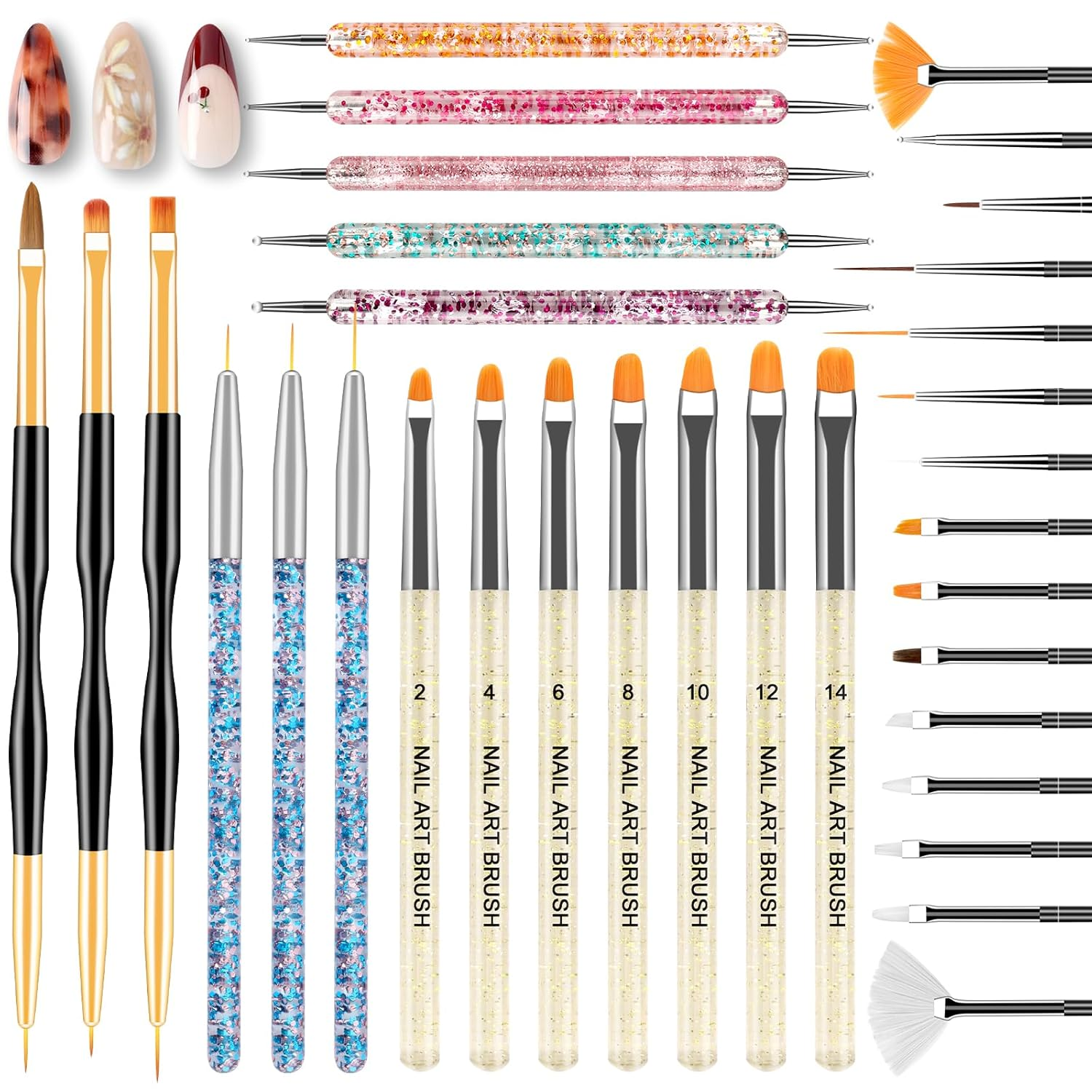 33PCS Nail Art Brushes Set, Nail Tech Supplies Accessories Kit, Design Tools with Gel Polish Design Brushes, Dotting Tools, Liner Brushes, Nail Tech Must Haves Nail Stuff for Techs and Beginners