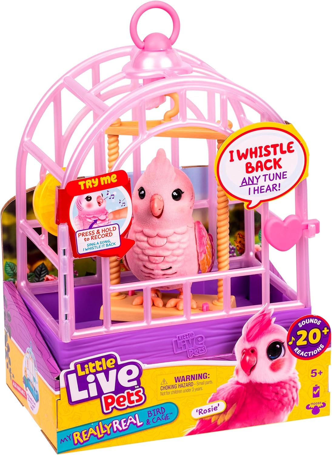 Little Live Pets My Really Real Bird & Cage – Rosie, Interaktives, Realistisches Vögelchen, Über 20 Geräusche & Reaktionen (Käfig: 25 Cm, Bird: 10,9 Cm), Aufnahme/Wiedergabe, Mitnehmen & Präsentieren