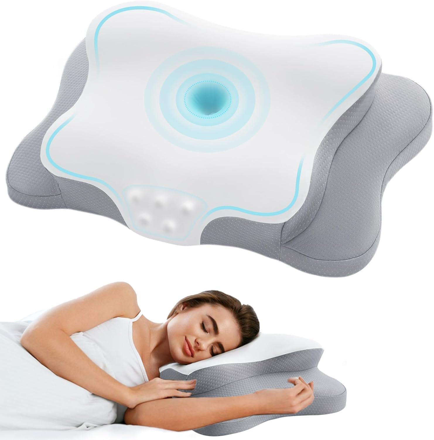 Cervical Pillow for Neck Pain Relief, Cooling Contour Memory Foam Pillows Support Odorless Ergonomic Neck Pillow Adjustable Orthopedic Bed Pillow for Side Back Stomach Sleeper,Snow