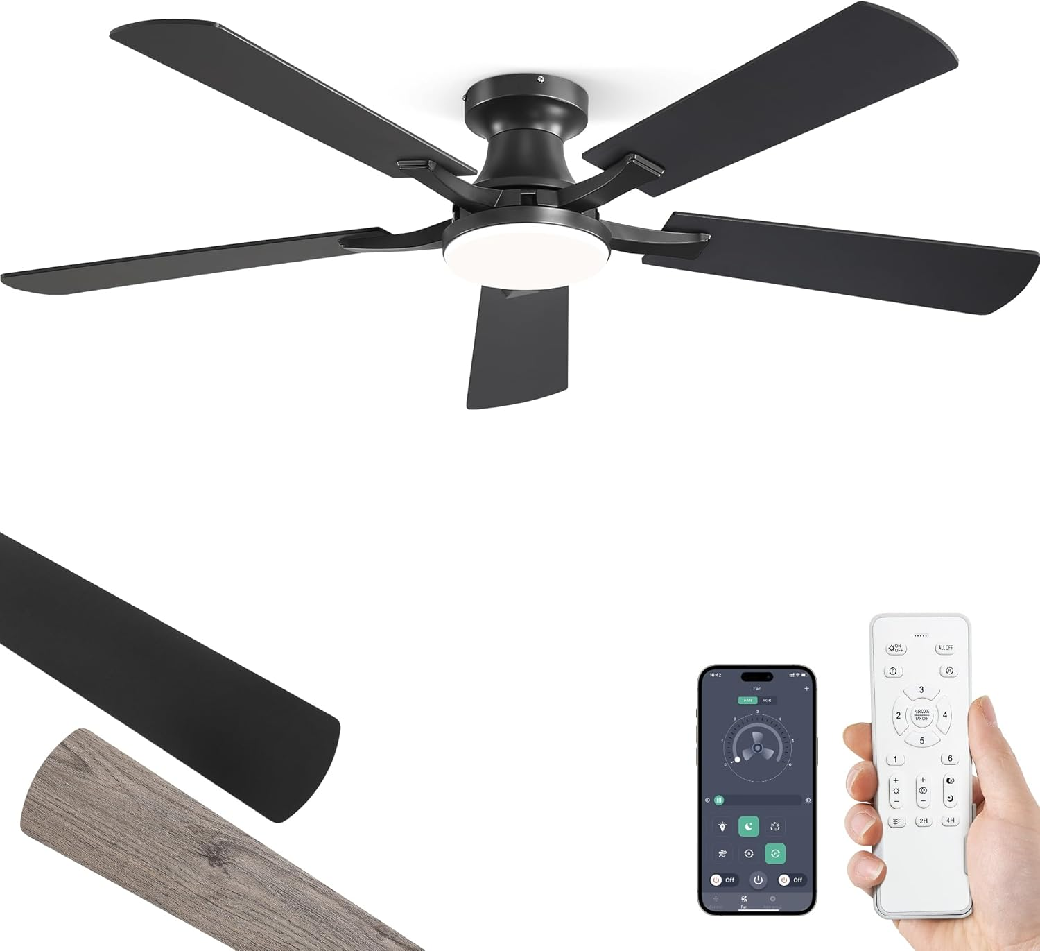 52 Inch Ceiling Fan with Light, App&Remote Contorl, Flush Mount Low Profile, Dimmable 20W LED Light, Quiet Reversible Motor for Bedroom, Living Room, Apartment, Black