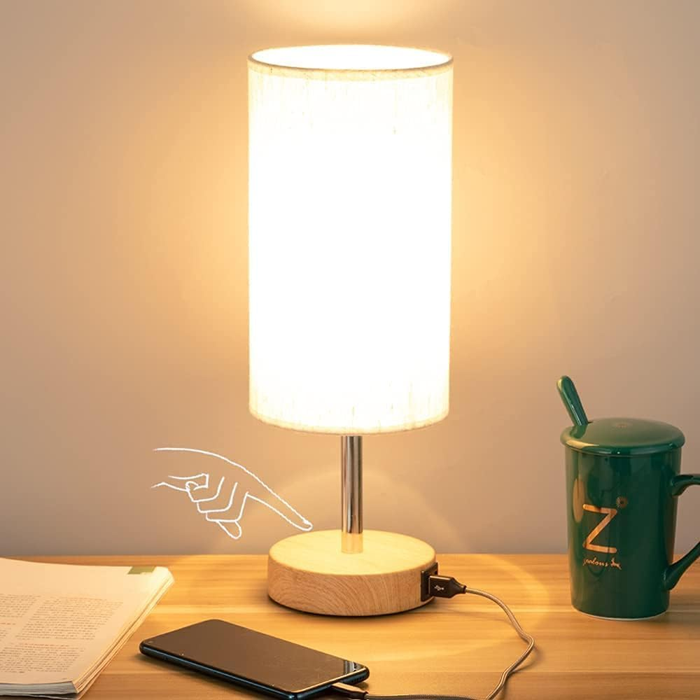 Bedside Table Lamp with USB Port - Touch Control for Bedroom 3 Way Dimmable Nightstand Lamp with Flaxen Fabric Shade for Living Room, Dorm, Home Office, Wood-Grain (LED Bulb Included)