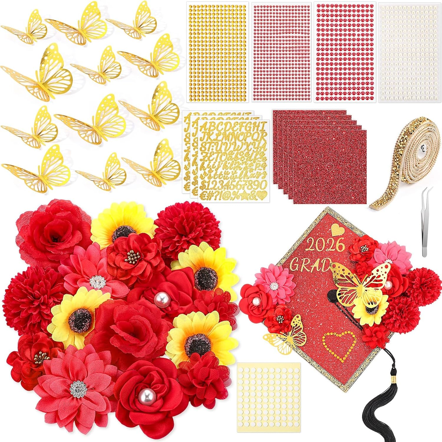 43 PCS DIY Graduation Cap Decorations Kit, Grad Cap Decorations Included Faux