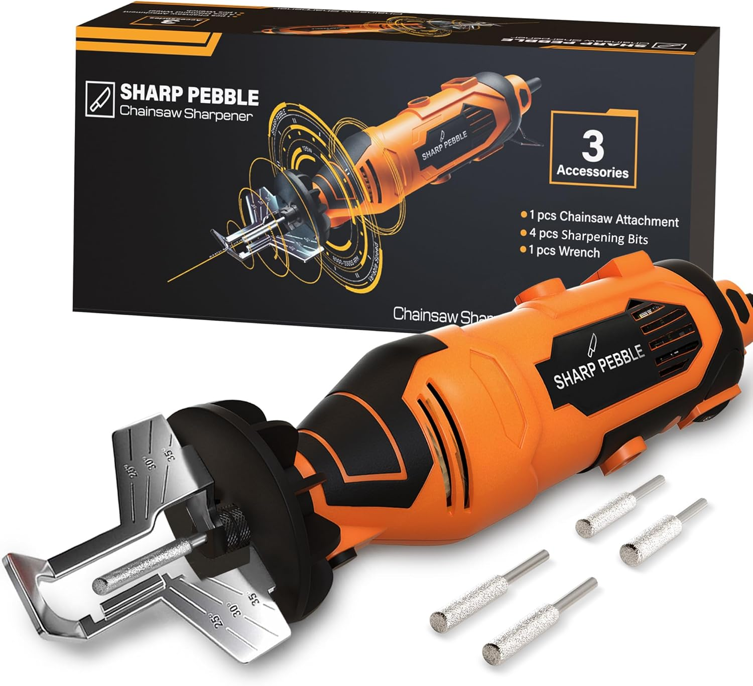 Electric Chainsaw Sharpener Kit - Comes with Chain Saw Sharpener Tool, 4 File Size Sharpening Wheel Bits, Angle Attachment,  & Ebook