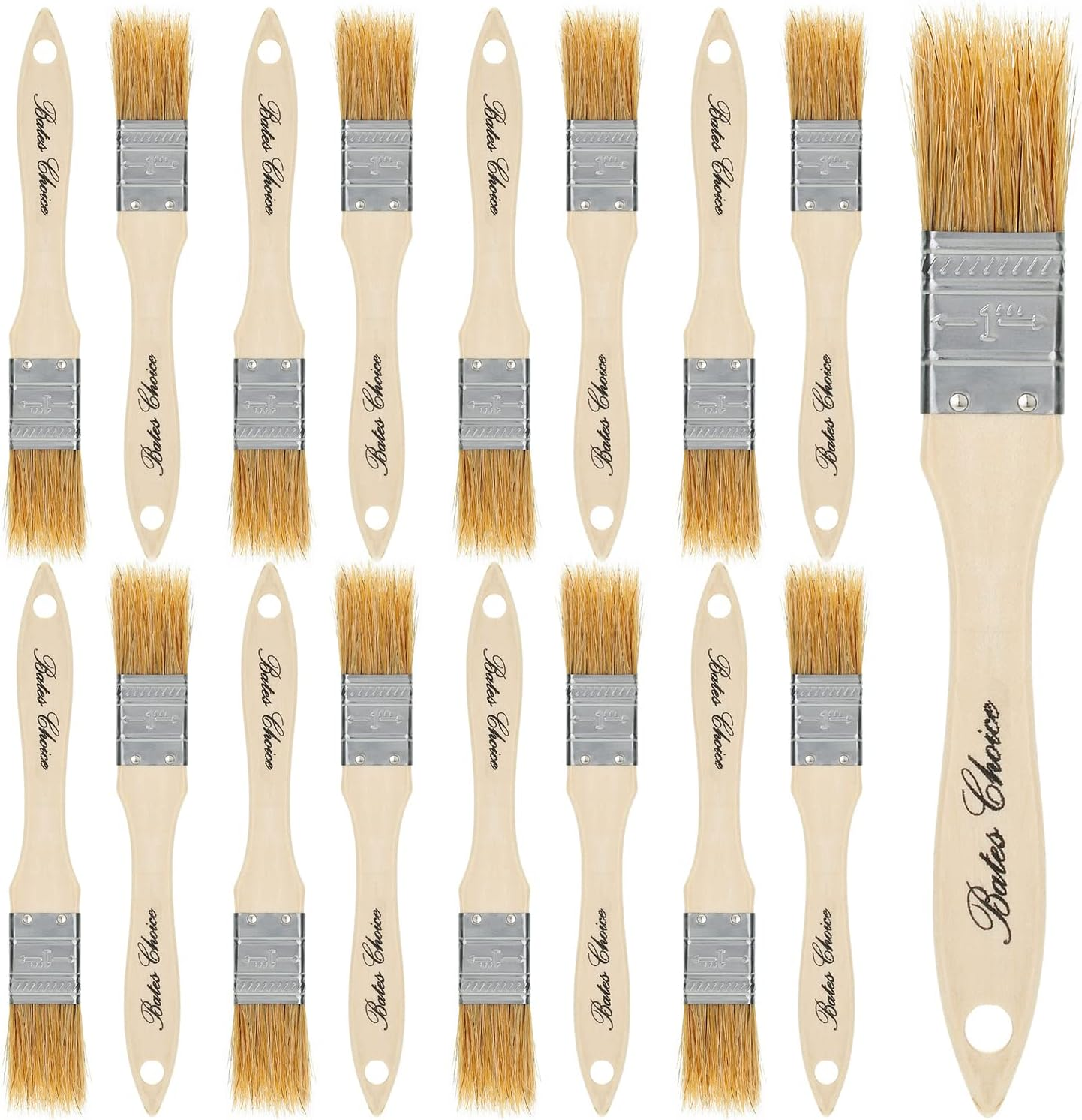 Bates 1-Inch Natural Bristle Paint Brushes - 16 Pack Set for Chip Painting, Wood Stain and General Use