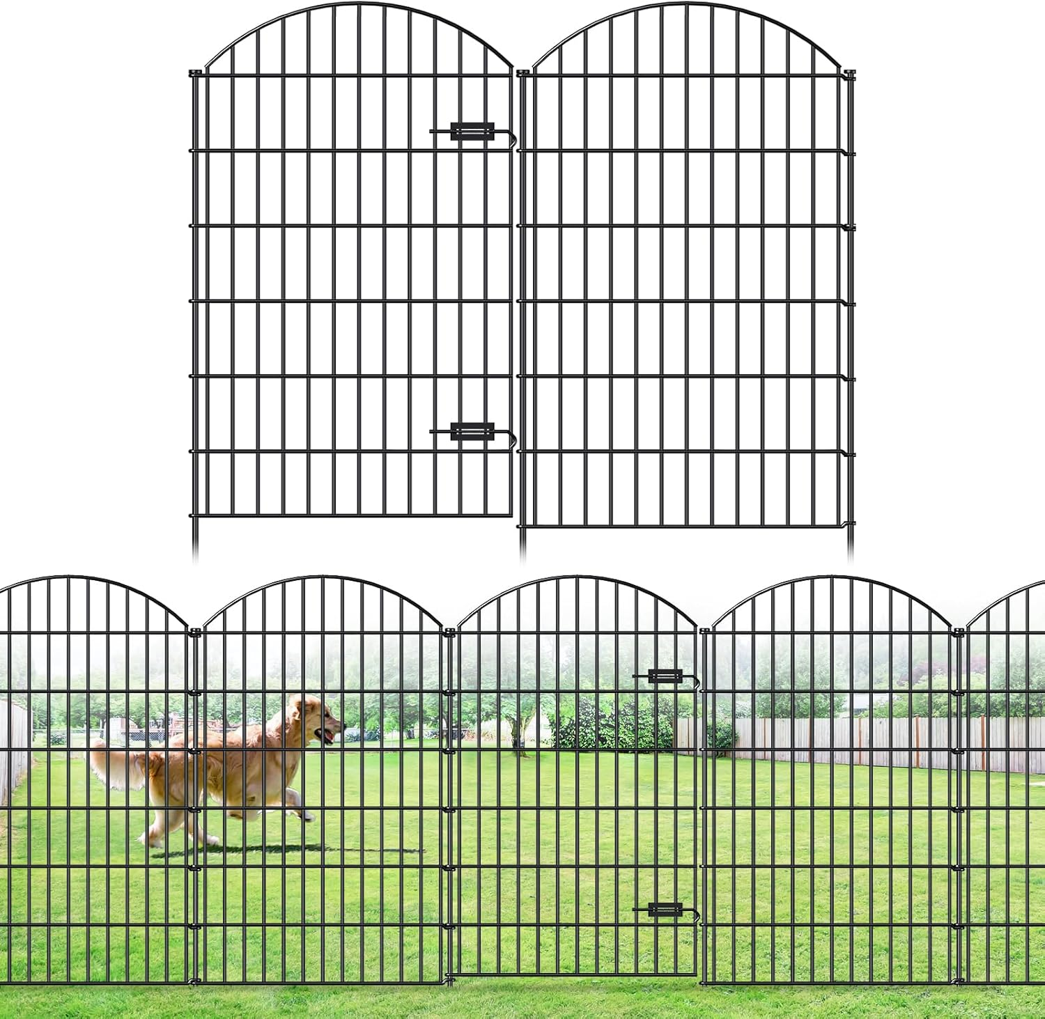 Metal Garden Fence with Gate 48In (H) X 20.3Ft (L), 1 Gate+ 7 Panels Dog Fences Border Fence Animal Barrier, No Dig Garden Fencing for Yard Flower Bed Lawn Patio Outdoor, ECG4808G, Black