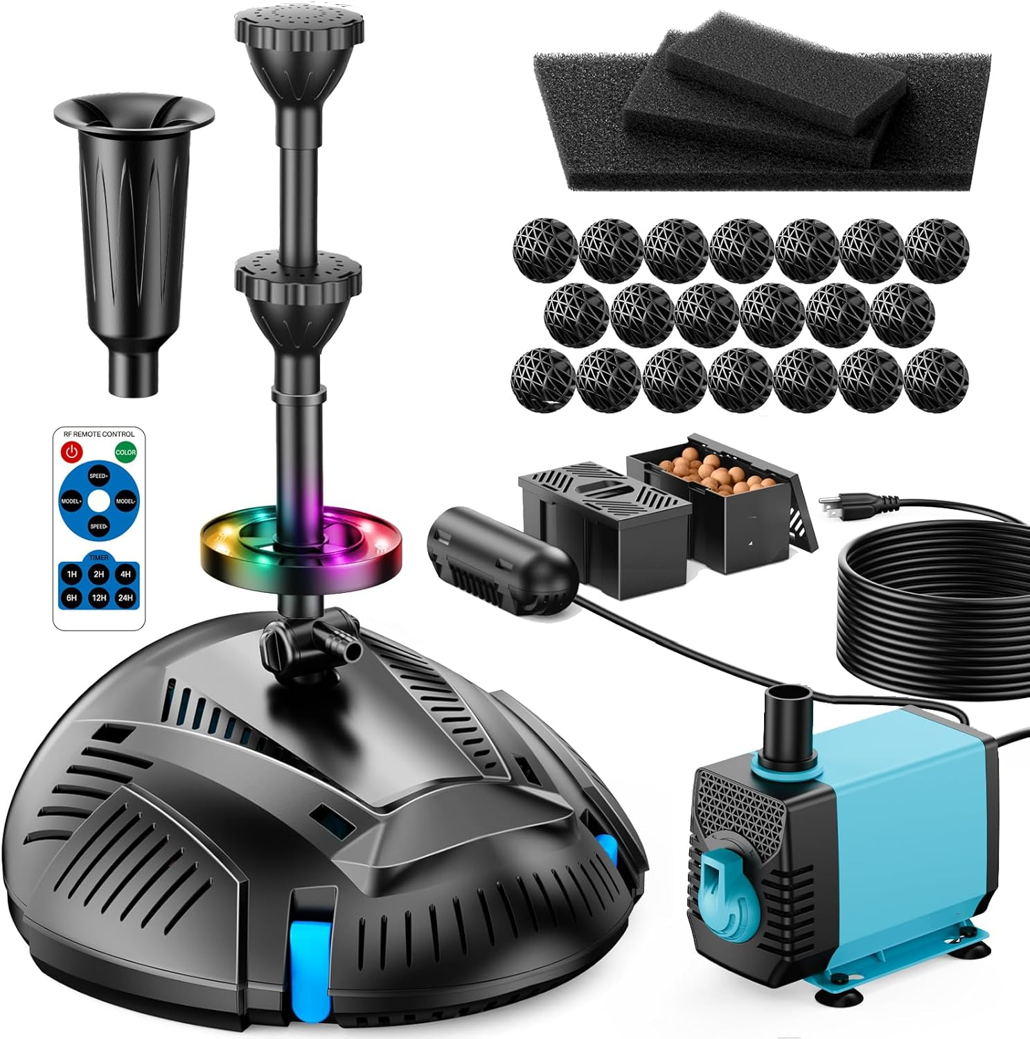 Pond Filter with U-V Clarifier, 660GPH Pond Pump and Filter Kit & RGB LED Lights, All-In-One Submersible Pond Fountain for Outdoor Ponds, Koi Ponds, Water Gardens with Remote Control