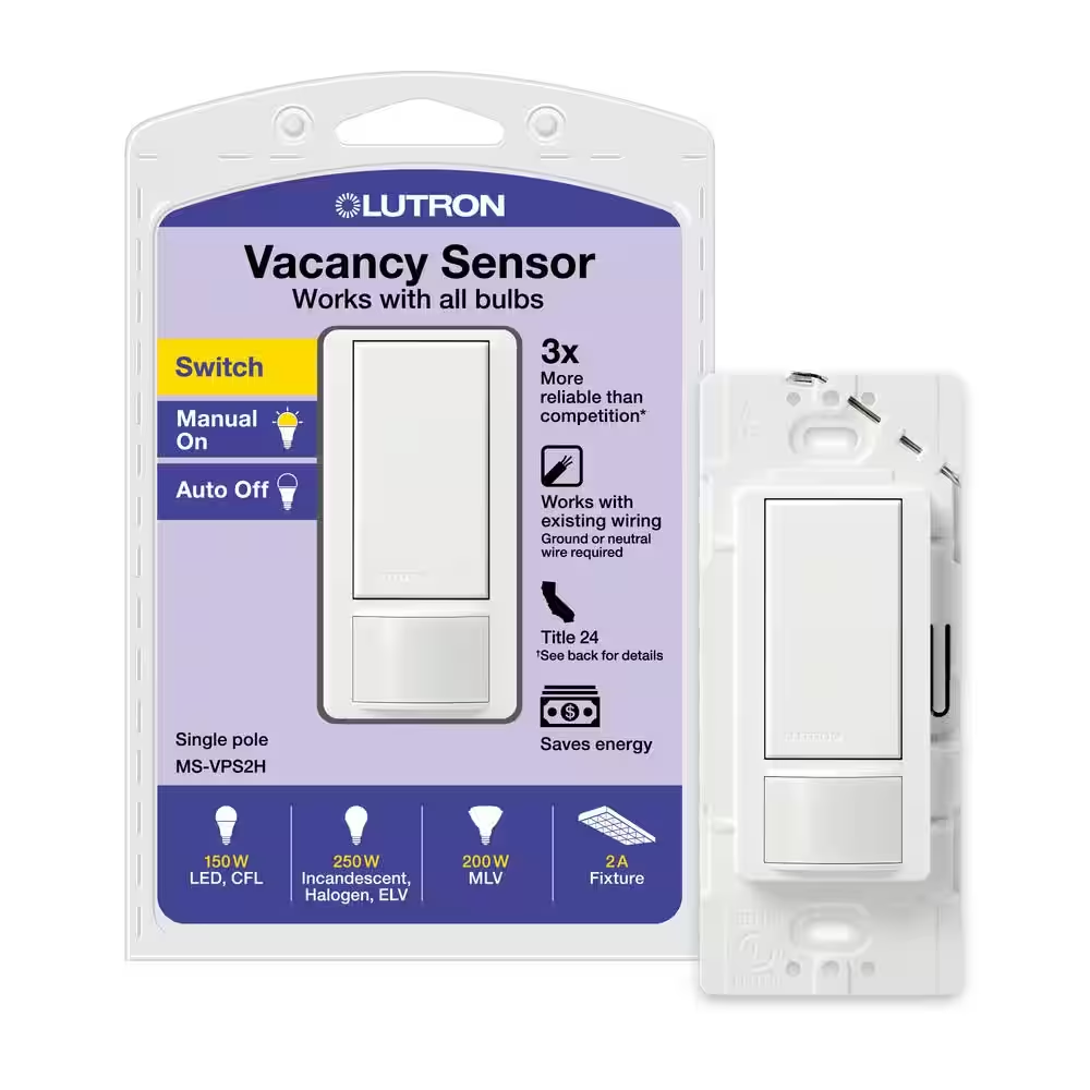 Maestro Vacancy-Only Sensor Switch, 2 Amp/Single-Pole, No Neutral Required, White (MS-VPS2H-WH)