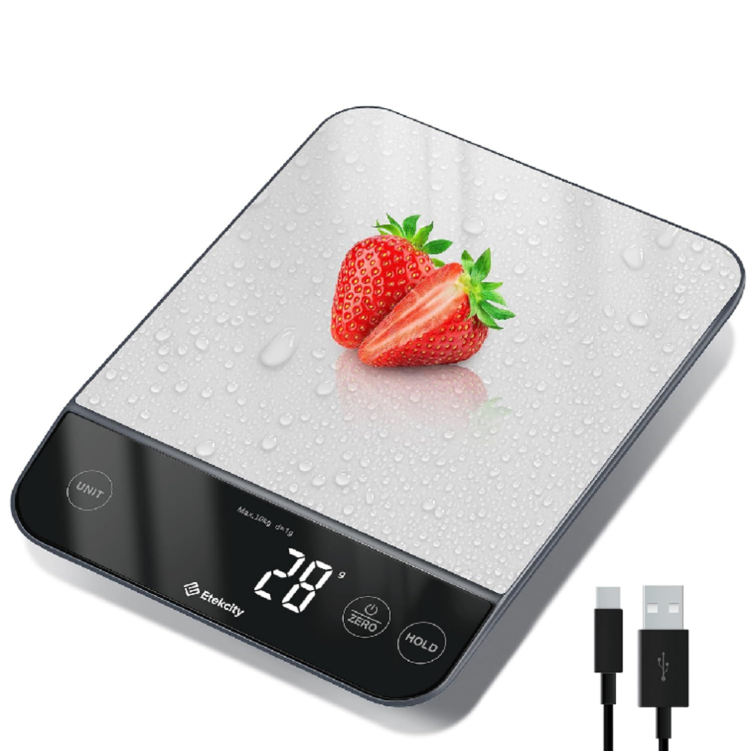 10Kg Digital Kitchen Scales, Waterproof, USB, Black Silver