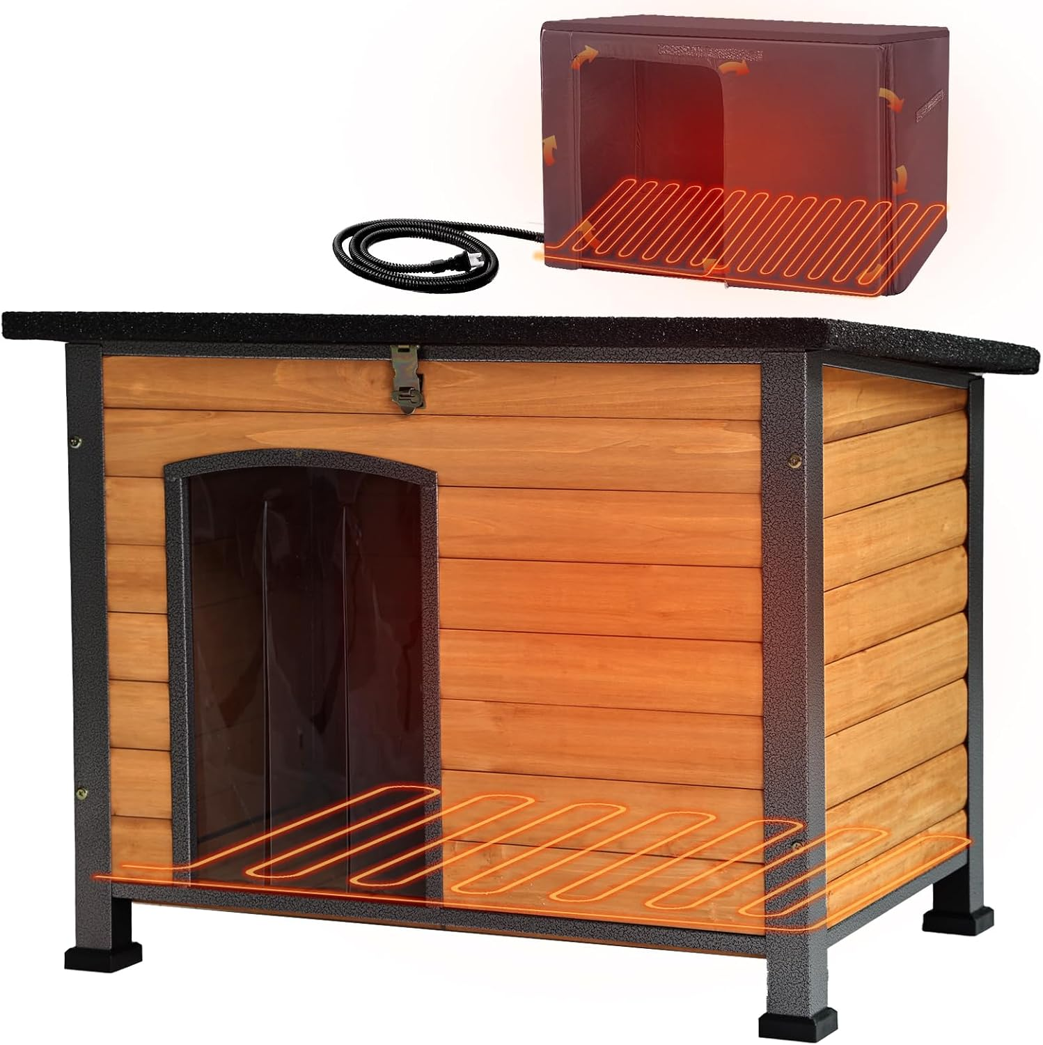 Outdoor Heated Dog House with Insulated Liner, Large Waterproof Dog Kennel with Heating Pad for Winter,Unique All-Around Iron Frame (Brown)