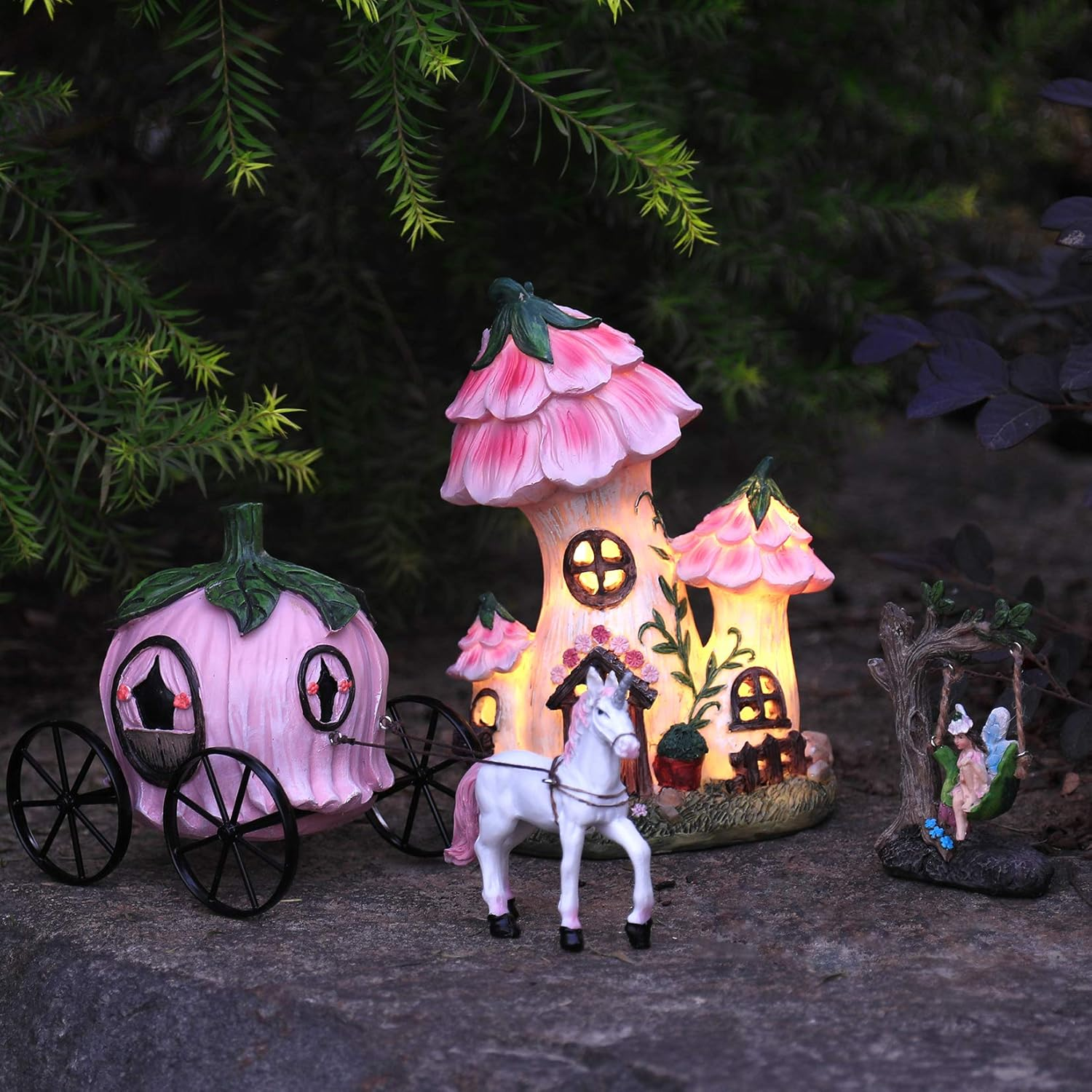 Resin Fairy Garden - Miniature Floral Roof Cottage with Solar LED Lights, Fairy House Figurine Set of 3 with Carriage, Outdoor Decor for Patio Yard Lawn