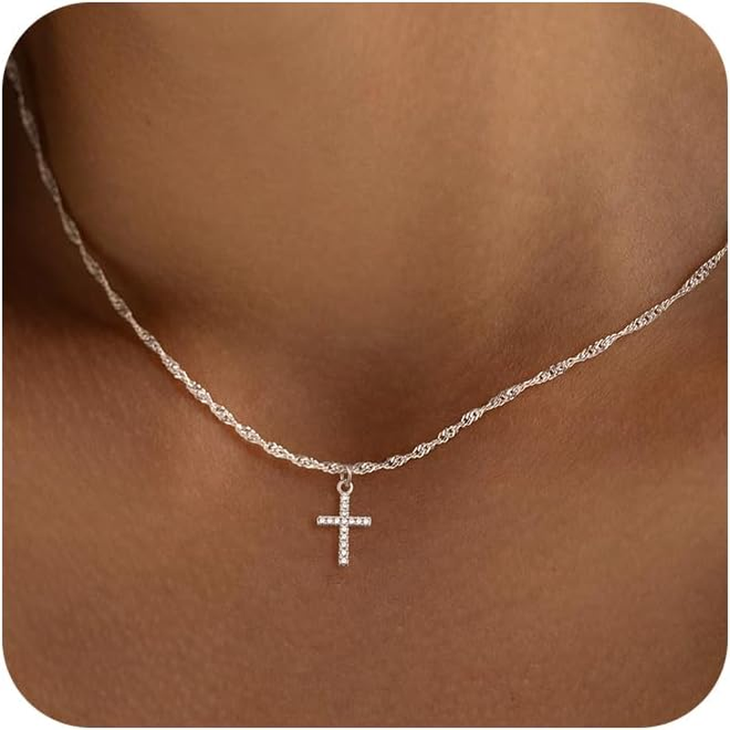 Cross Necklace for Women 14K Real Gold/Silver Plated Dainty Small CZ Cross Pendant Simple Choker Necklace Trendy Cute Sideways Cross Box Chain Necklace Easter Christian Baptism Religious Faith Jewelry Gift