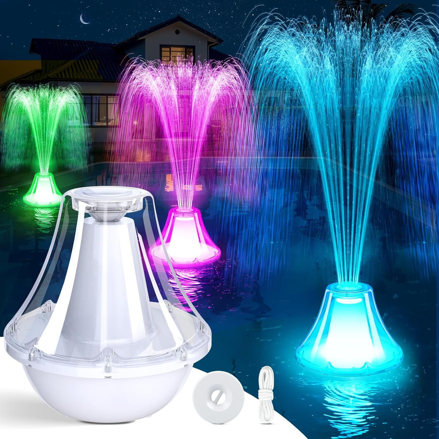 Bubbling Pool Fountain with Lights,Floating Pool Fountains with Anchor,Above Ground Pool Water Fountain Pump,Battery Powered Swimming Pool Floating Fountains for Inground Pool-1Pc(White)