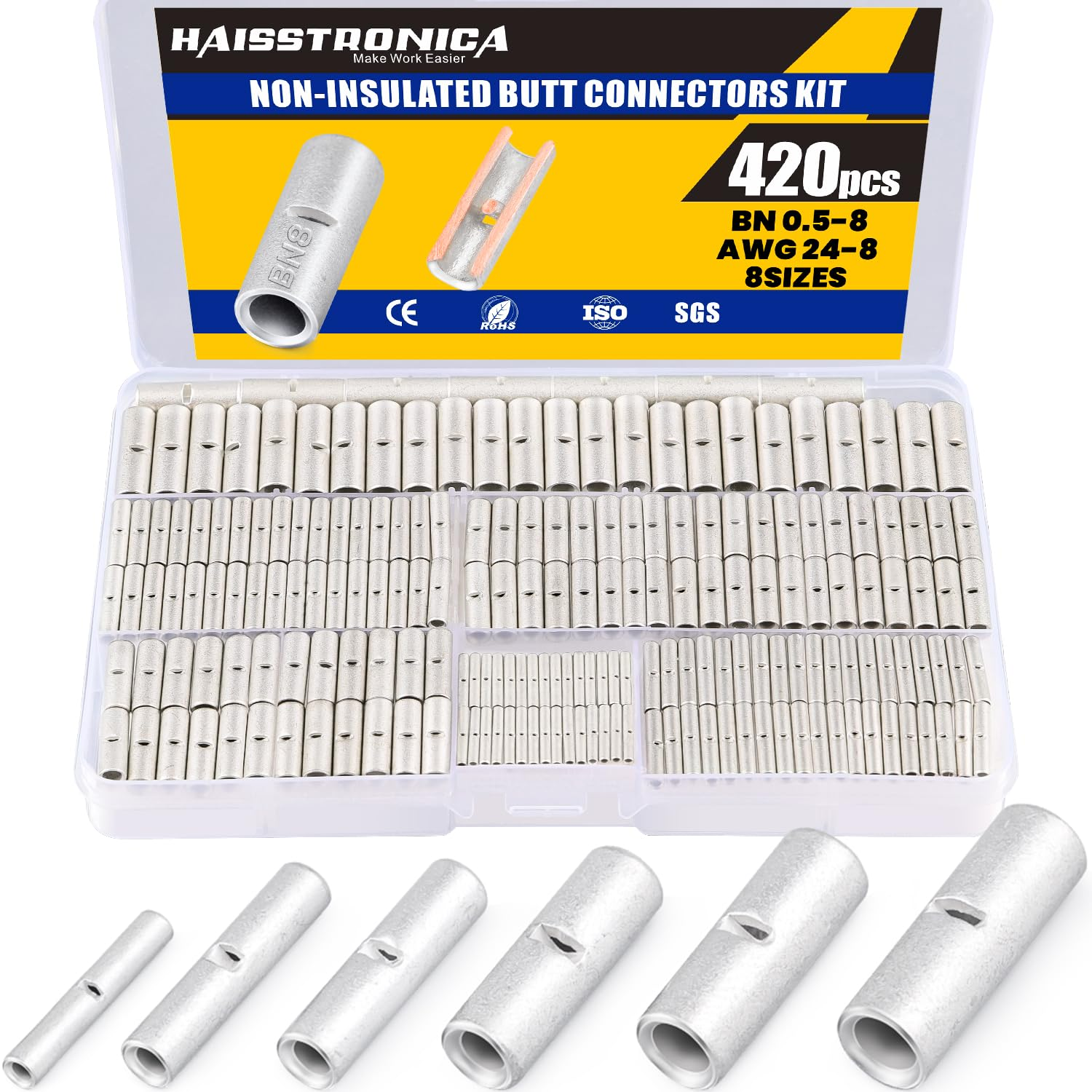 420PCS Non-Insulated Butt Connectors Kit, 24-8 Gauge Non-Insulated Wire Connectors of Tinned Red Copper,Electrical Crimp Terminals