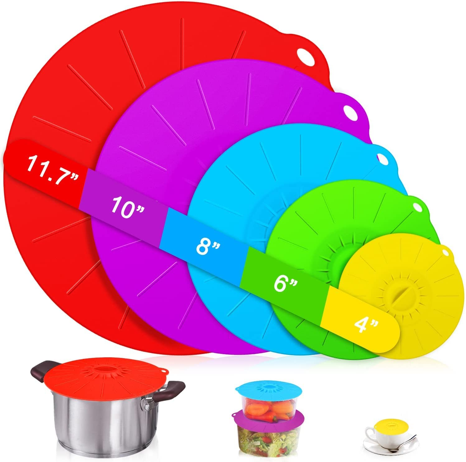 Silicone Lids - 5 Pack Heat Resistant Microwave Splatter Cover, Reusable Silicone Suction Lids for Food Storage Fits Bowls, Cups, Skillets, Plates, Pots, Pans Stovetop, Oven, Fridge Safe