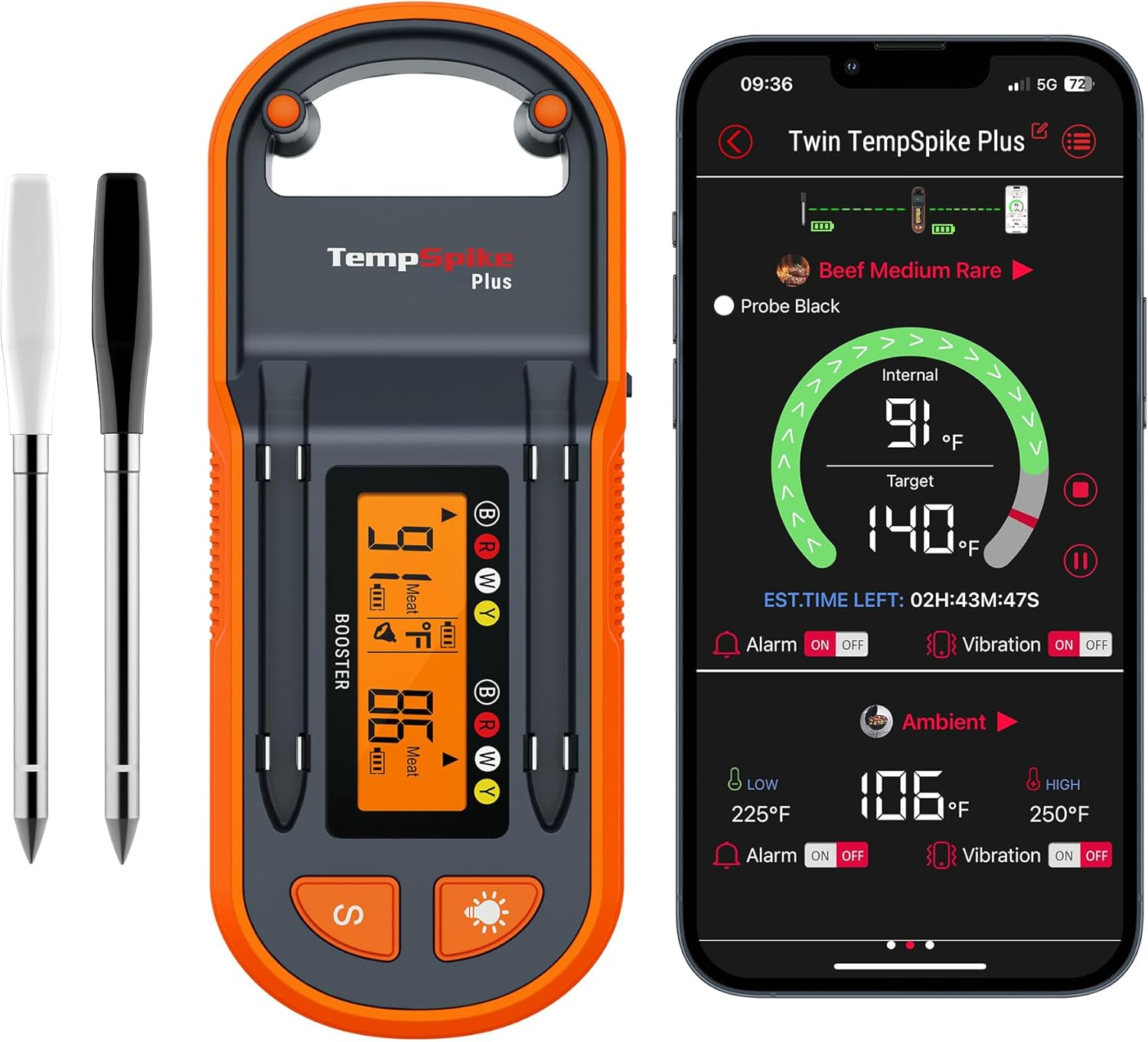 Thermopro Tempspike plus 600Ft Wireless Meat Thermometer with 2 Color-Coded Probes, Bluetooth Meat Thermometer with Lcd-Enhanced Booster for Food Cooking Grill Smoker