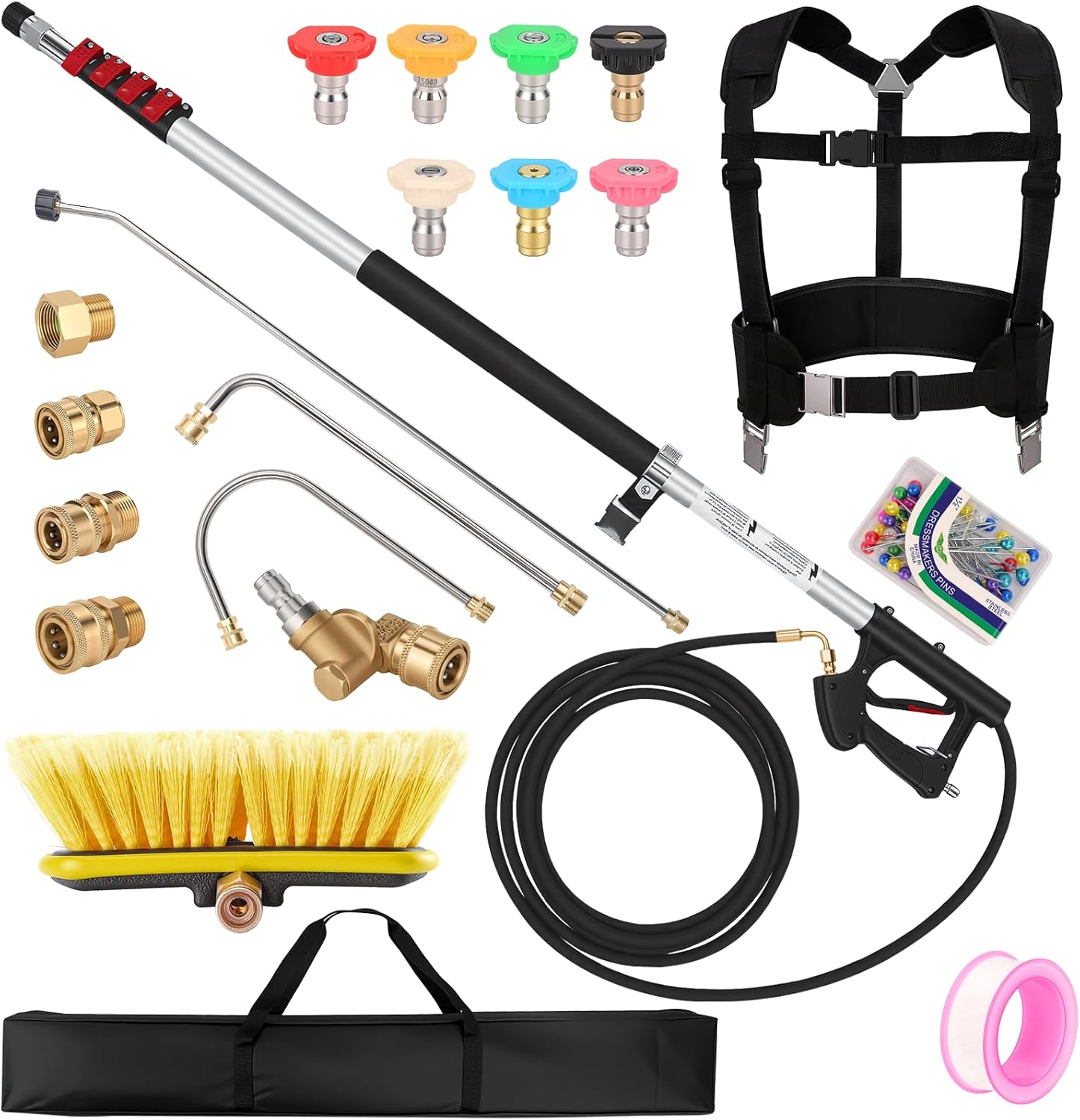 Telescoping Pressure Washer Wand 24 FT, Gutter Cleaning Tool with Brush, Power Washer Extension Wand, Pivoting Coupling, 7 Nozzle Tips, 4 Adapters, Upgraded Support Belt for Gutter Window Wall