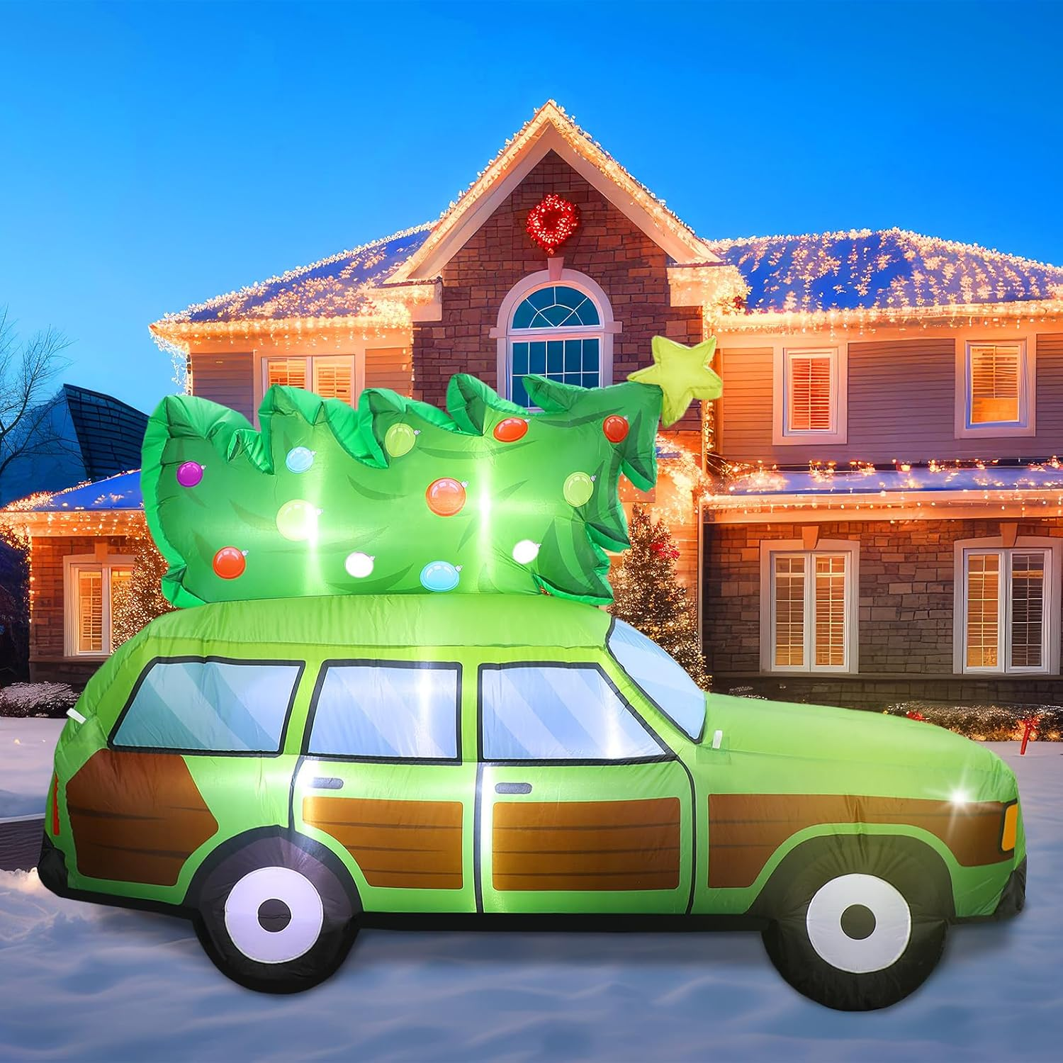 Vihose 8FT Christmas Station Wagon Inflatable with LED Lights for Yard