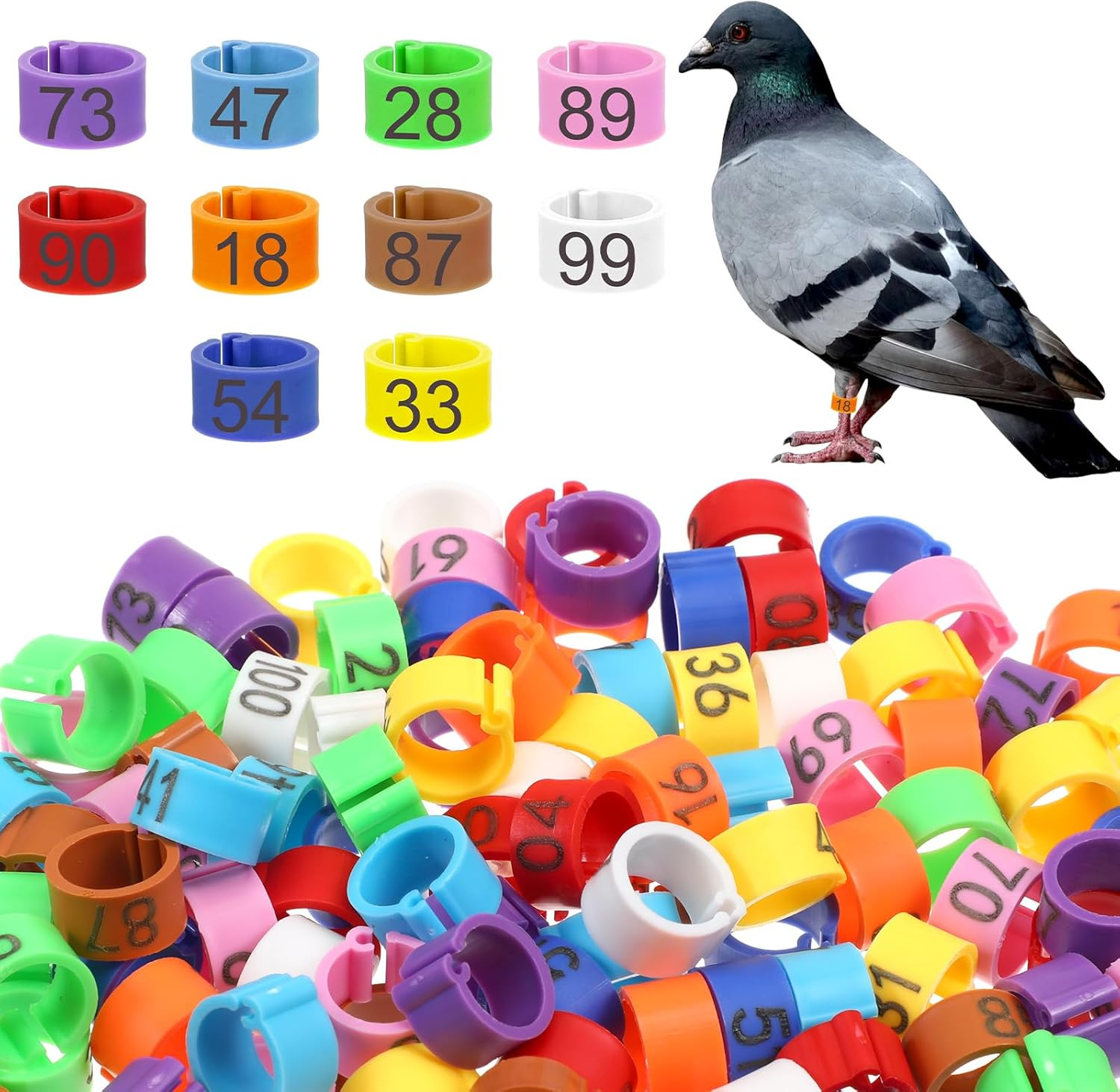100 Pcs 8mm Birds Leg Rings, 10 Colors Readable Numbered Quail Pigeons Chick Identification Leg Bands Clip on Leg Rings for Baby Chick Finch Bantam Dove Small Birds