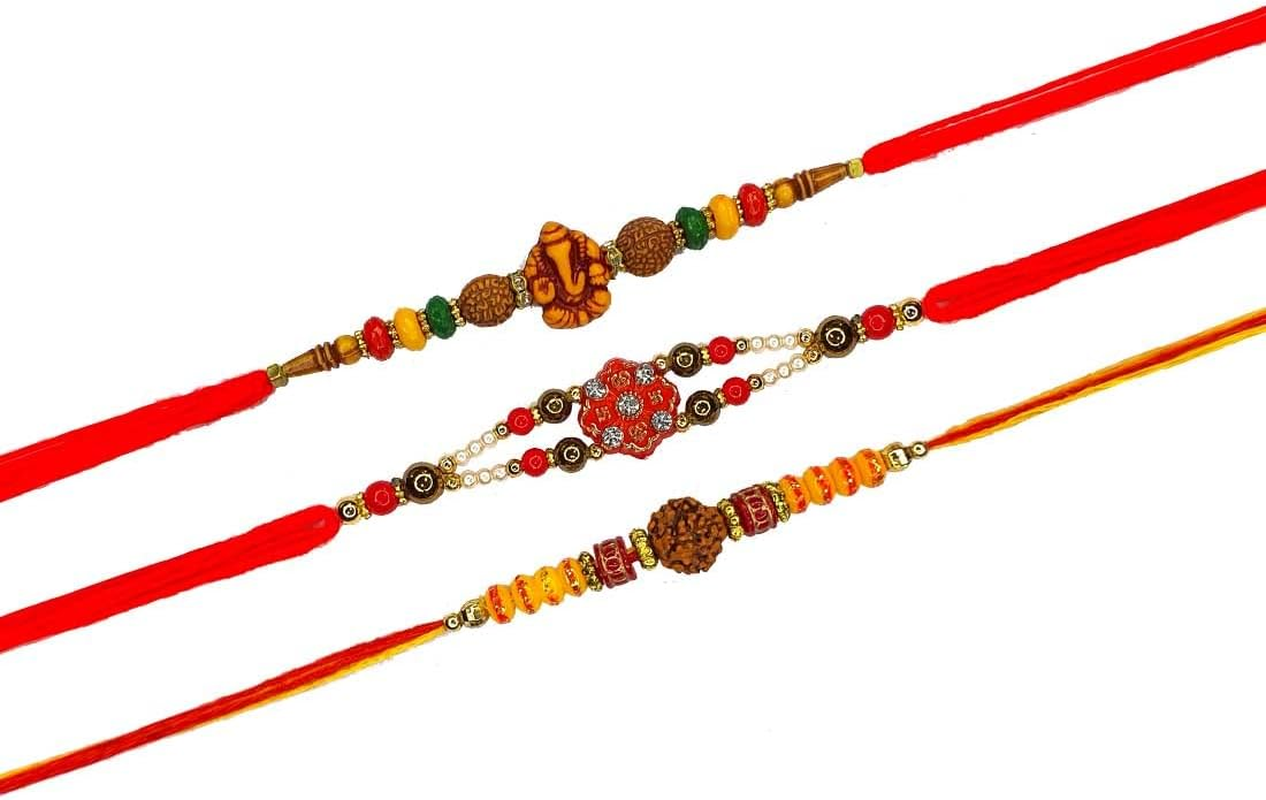 Gifts Set of 3 Rakhi Bracelet for Brother Bhai Rakshabandhan Rakhee Thread, Raksha Bandhan Festival Rakhi for Bhaiya n Bhabhi, Indian Designer Latest Rakhi for Bhai Thread Bracelets