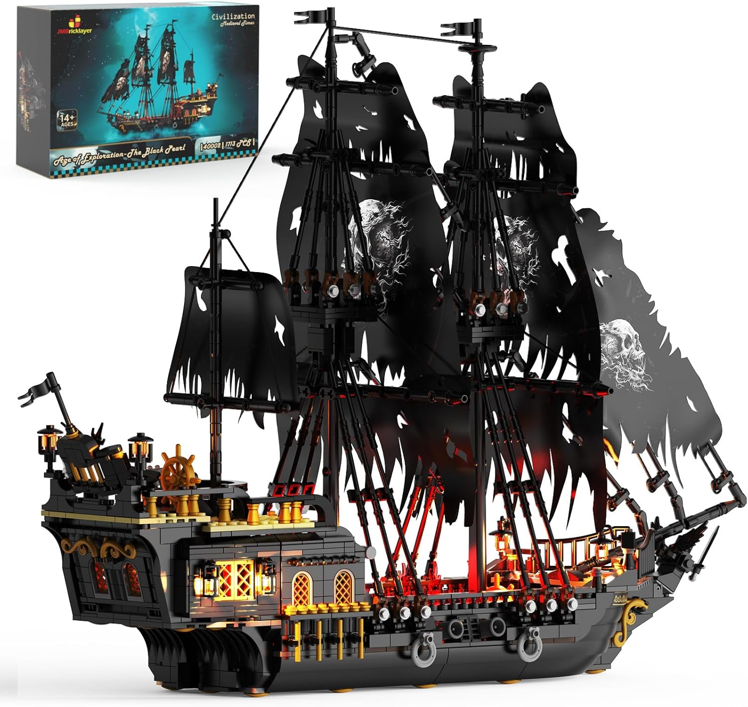 Pirate Ship Building Toys with Lights, Pearl Pirate Ship Model Boat Kit 40002, Black Ship Toy Building Sets for Adult Teens 14+, Home Office Decor Valentines Gifts(1713 PCS) New Upgrade