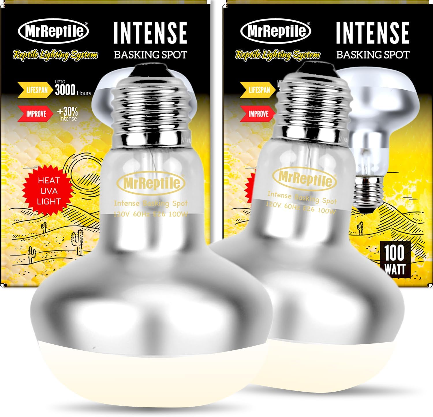 MRREPTILE Reptile Heat Lamp, 2-Pack 100W Intense Spot, Bearded Dragon & Lizard Basking Light, Simulated Midday Sun for Reptiles & Chickens