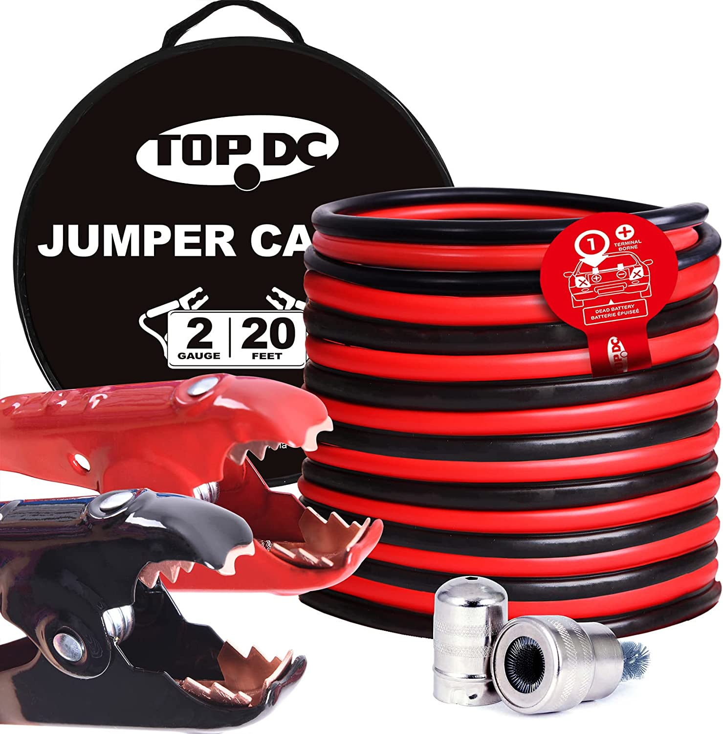 TOPDC 2 Gauge 20 Feet Jumper Cables for Car, SUV and Trucks Battery, Heavy Duty Automotive Booster Cables for Jump Starting Dead or Weak Batteries with Carry Bag(Td-P0220)