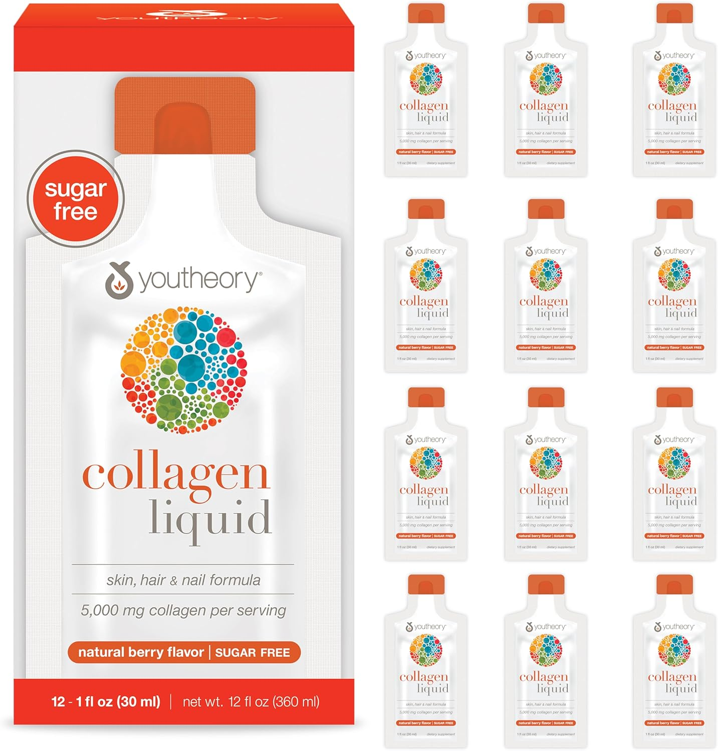 Collagen Liquid - 5,000 mg Hydrolyzed Collagen Peptides - Supports Hair, Nail, Joint & Bone Health* - Berry Flavor - 1 oz Single Serve Packet, Pack of 12