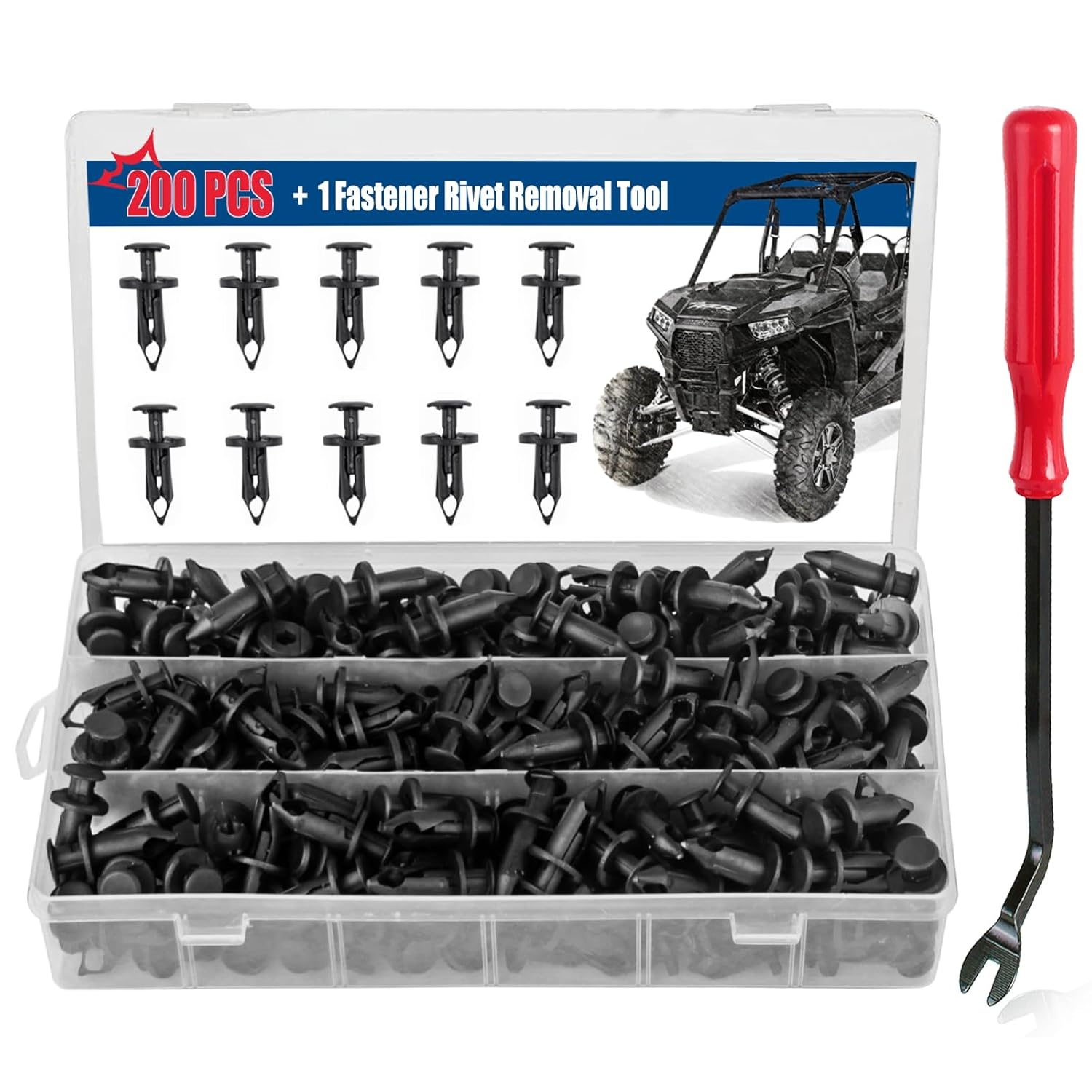 200 Pcs UTV Nylon Fender Clips/Body Rivets Compatible with Polaris 7661855 Ranger RZR Can-Am Kawasaki Teryx Honda Pioneer 90653-HC4-900 Suzuki Sportsman ATV Fastener with Tool